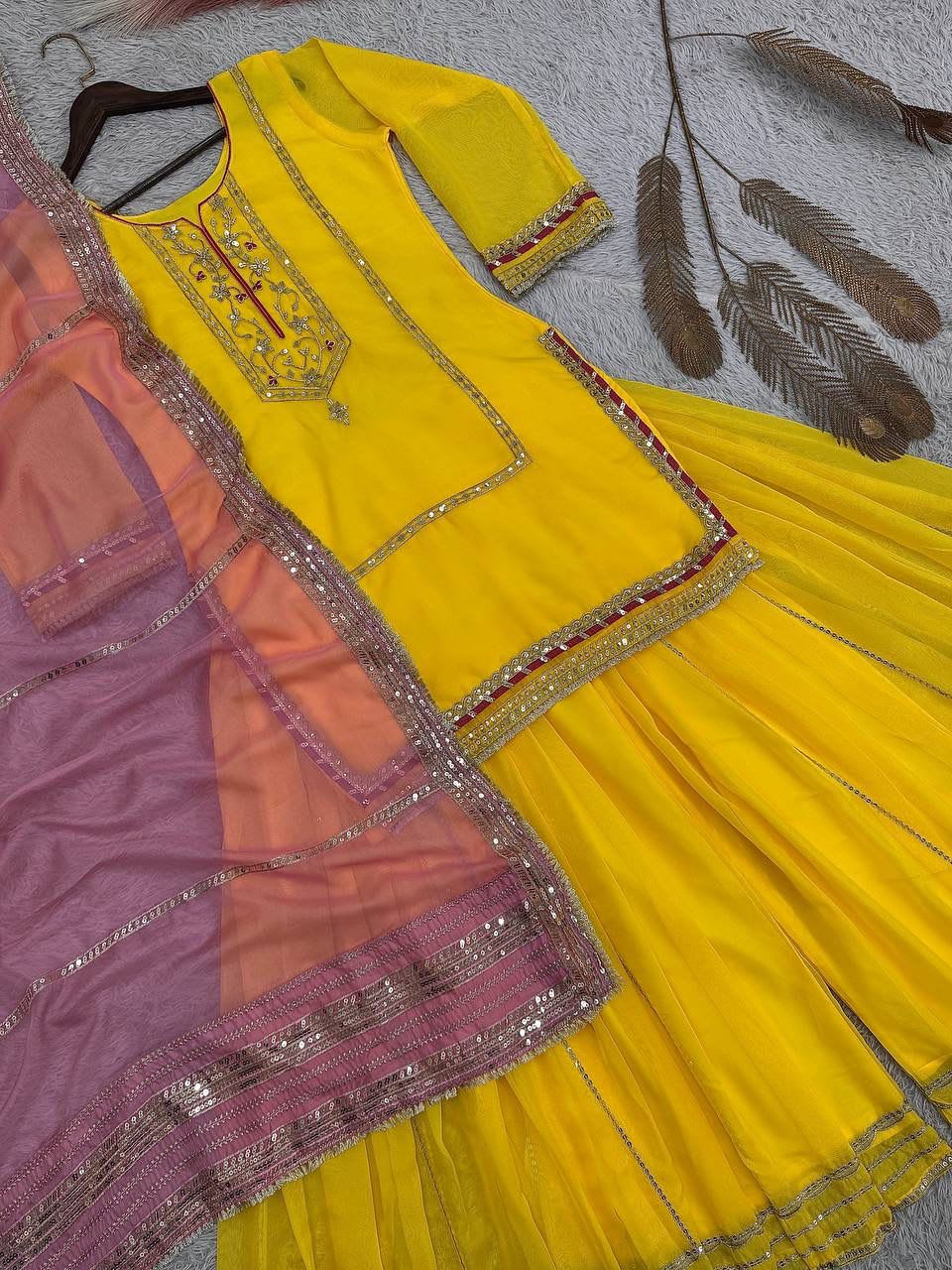 Designer Kundan Organza Silk Top Plazzo Set with Dupatta - View 7