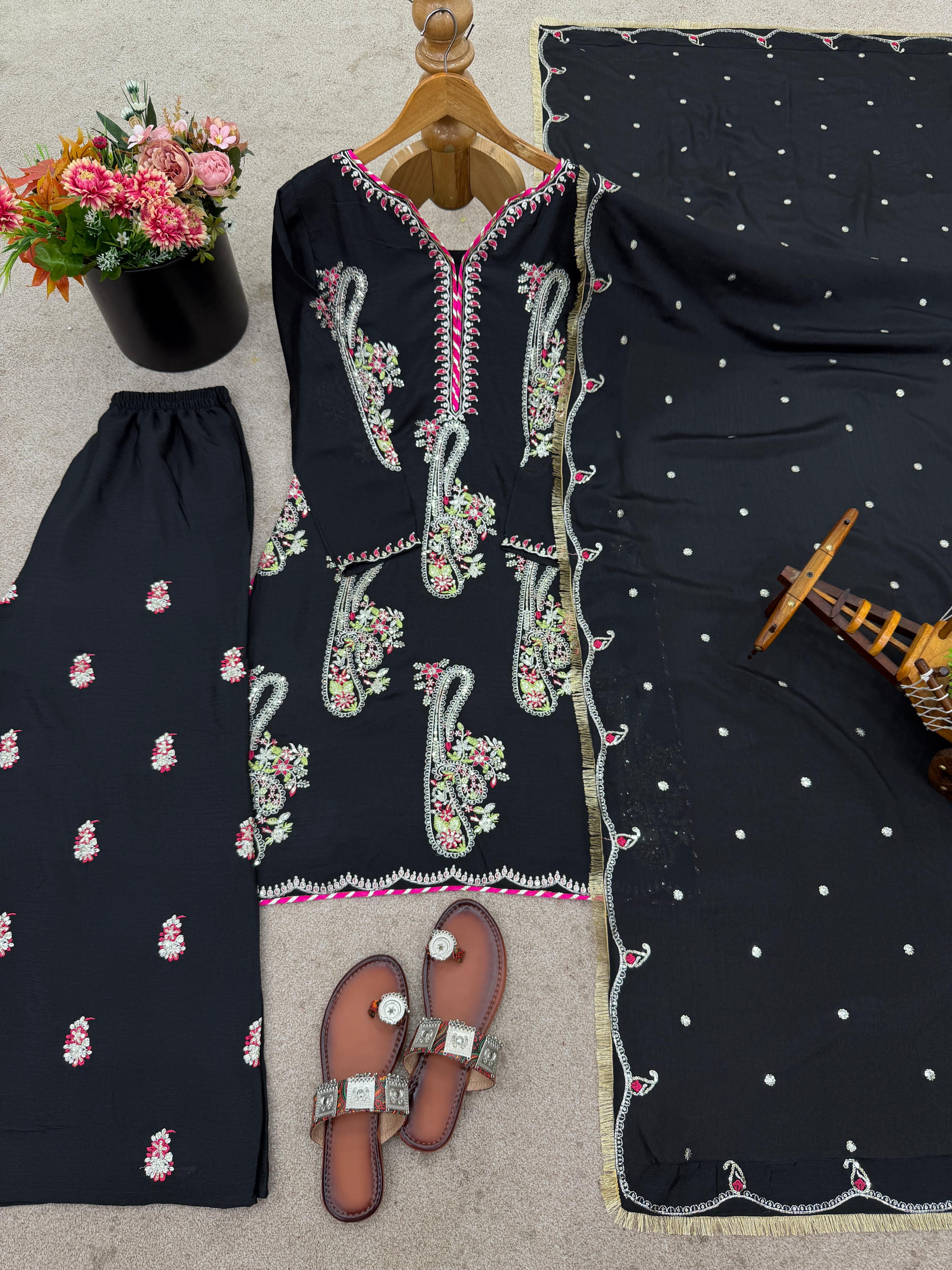 Designer Chinon Embroidery Plazzo Set - View 5