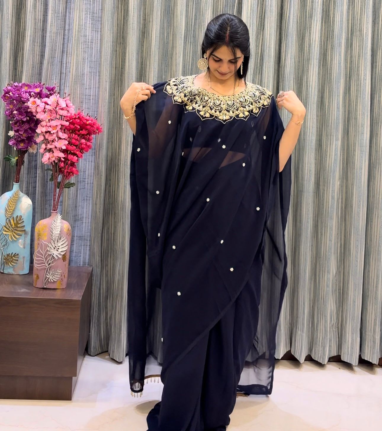 Exclusive Handworked Drape Saree - Ready to Wear - Georgette Saree Online India - Buy at ₹1599 - Image 1