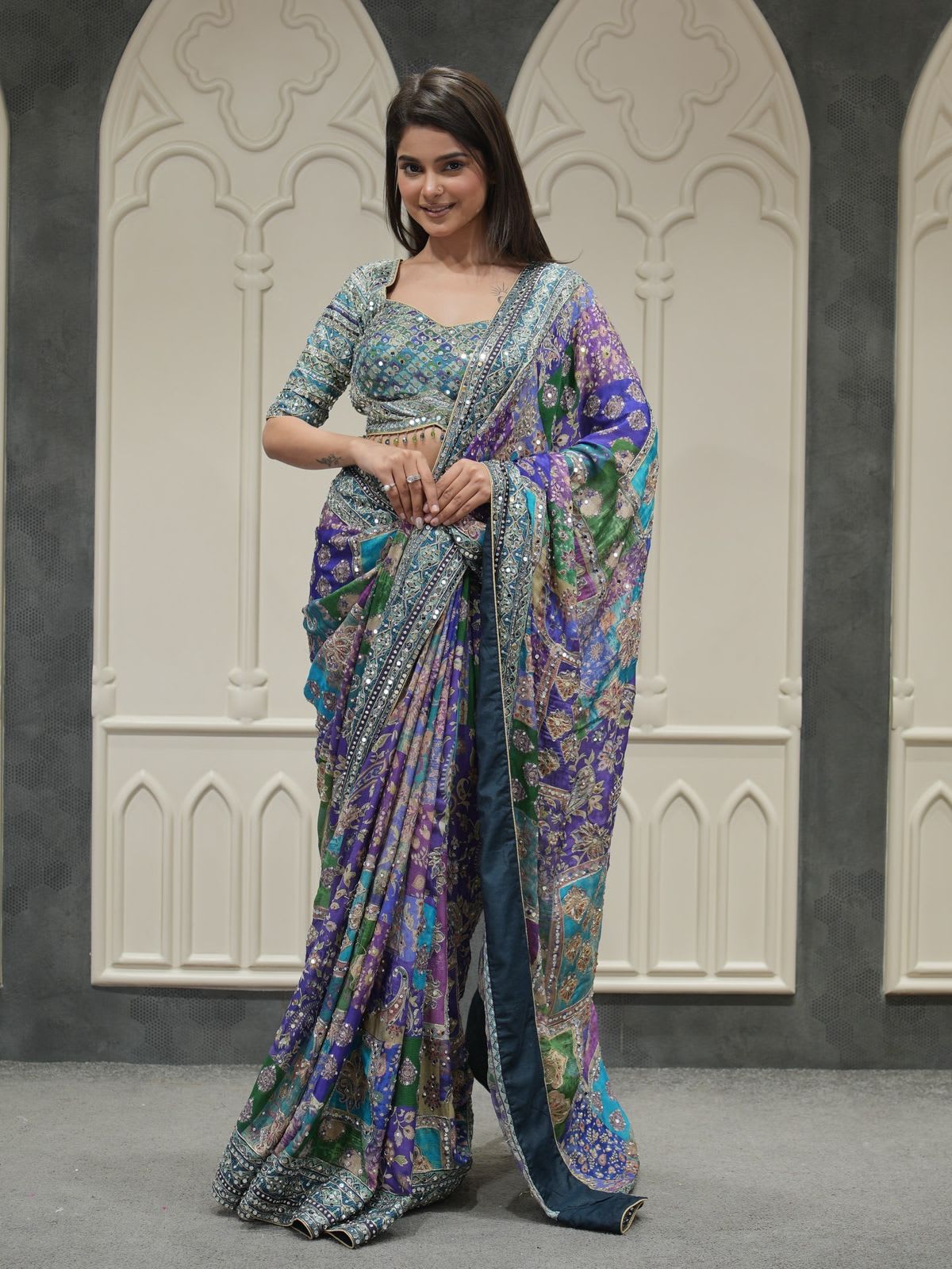 Designer Mirror Work Saree - Bollywood - Chinon Saree Online India - Buy at ₹2250 - Image 1