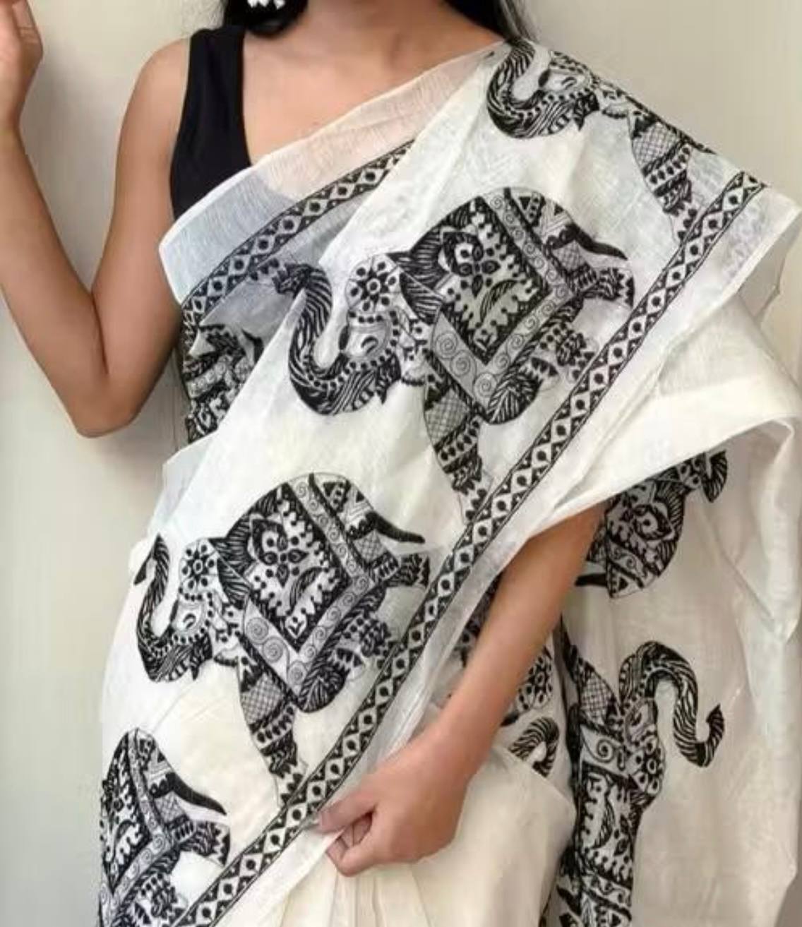 Kalamkari Elephant Print Linen Cotton Saree - View 3