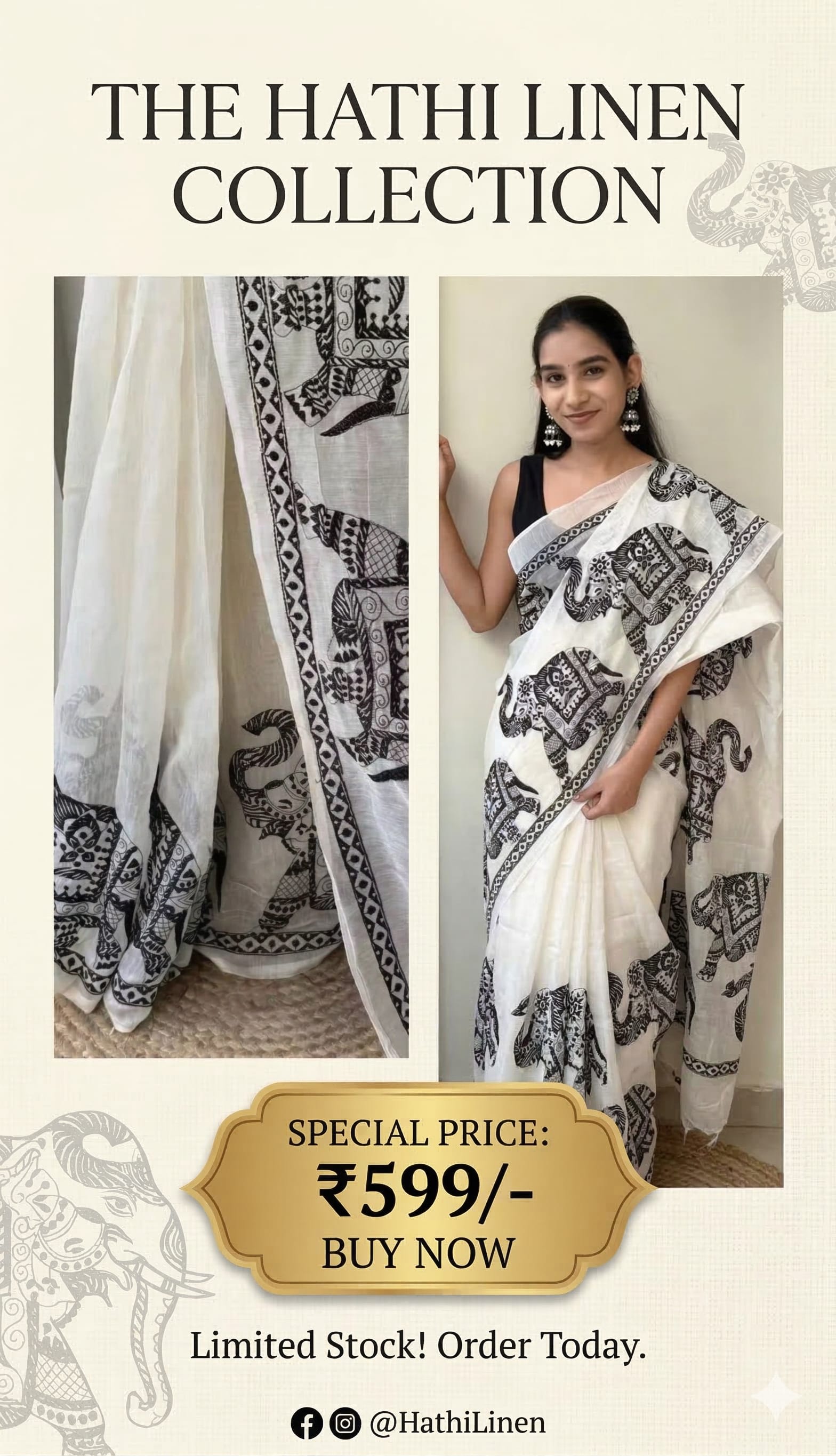 Kalamkari Elephant Print Linen Cotton Saree - Soft Linen Cotton Saree Online India - Buy at ₹599 - Image 1