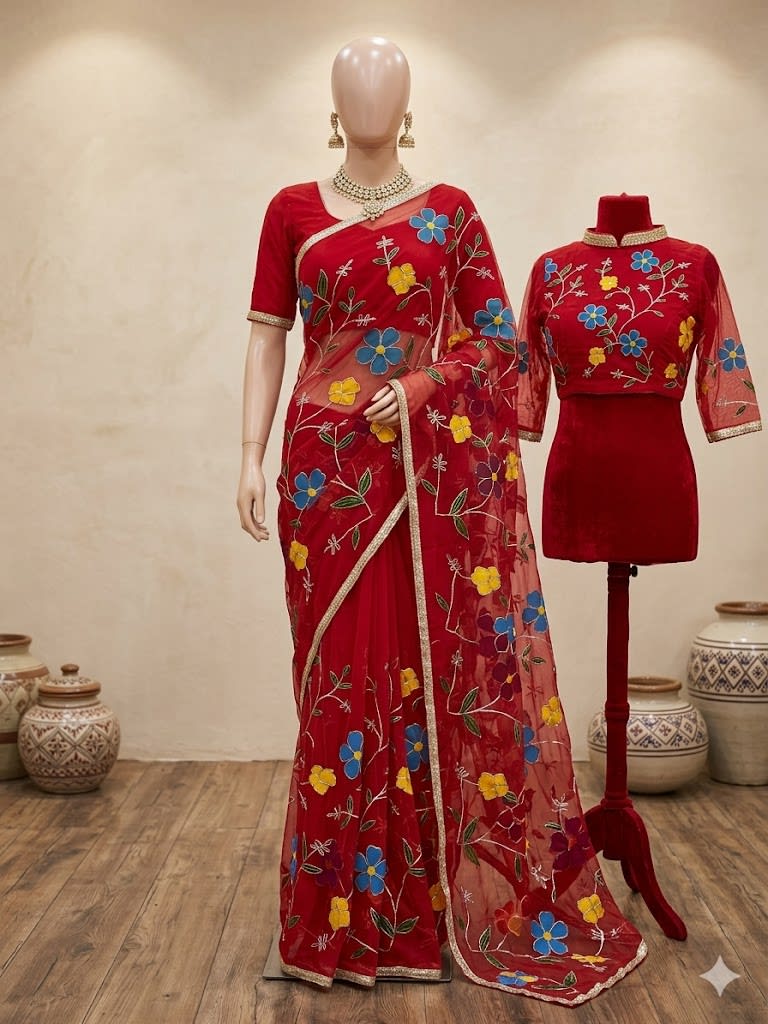 Designer Floral Appliqué Work Saree - Georgette Saree Online India - Buy at ₹1150 - Image 1