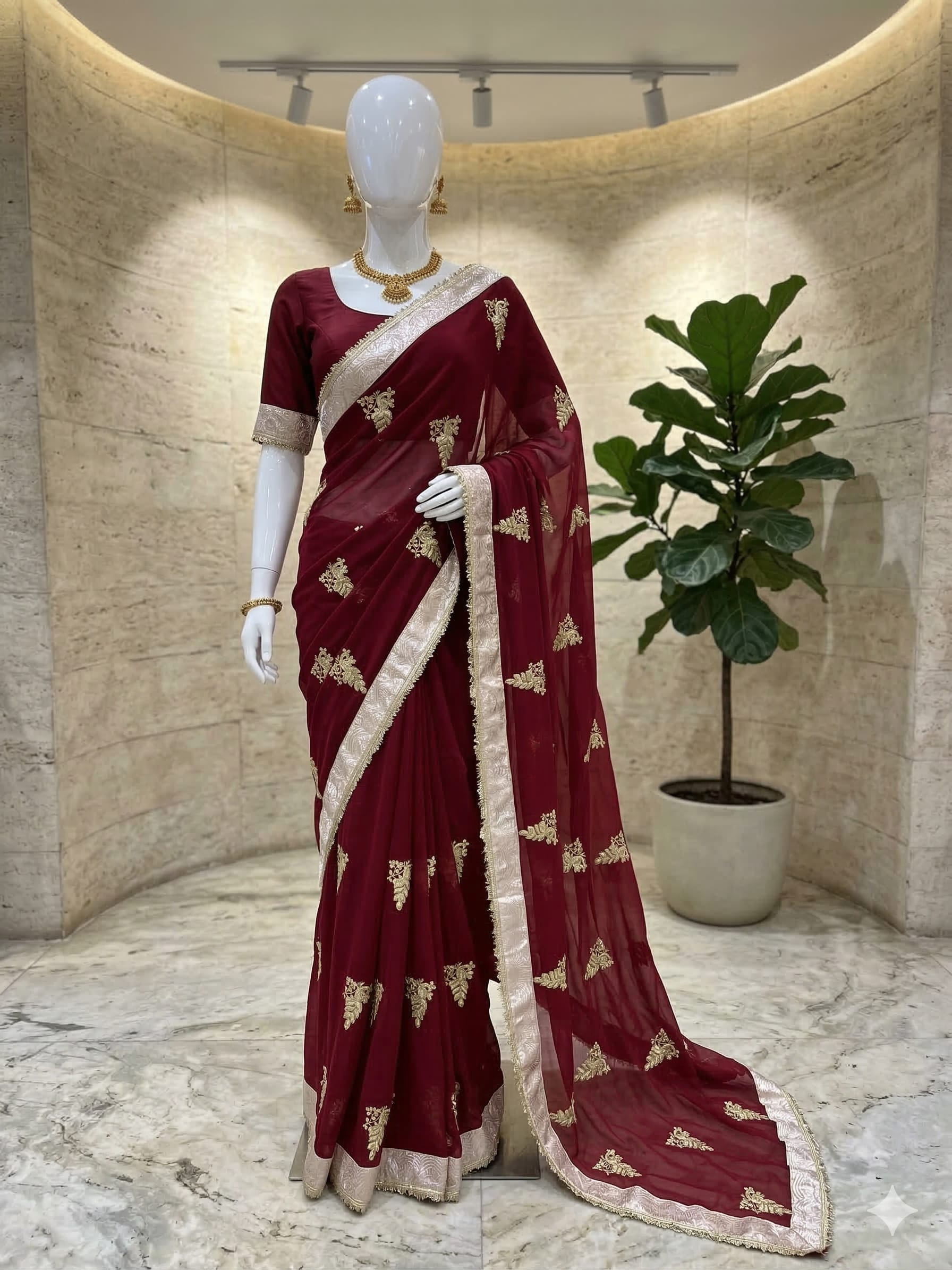 Elegant Maroon Sequins Embroidered Darbari Saree - Georgette Saree Online India - Buy at ₹1150 - Image 1