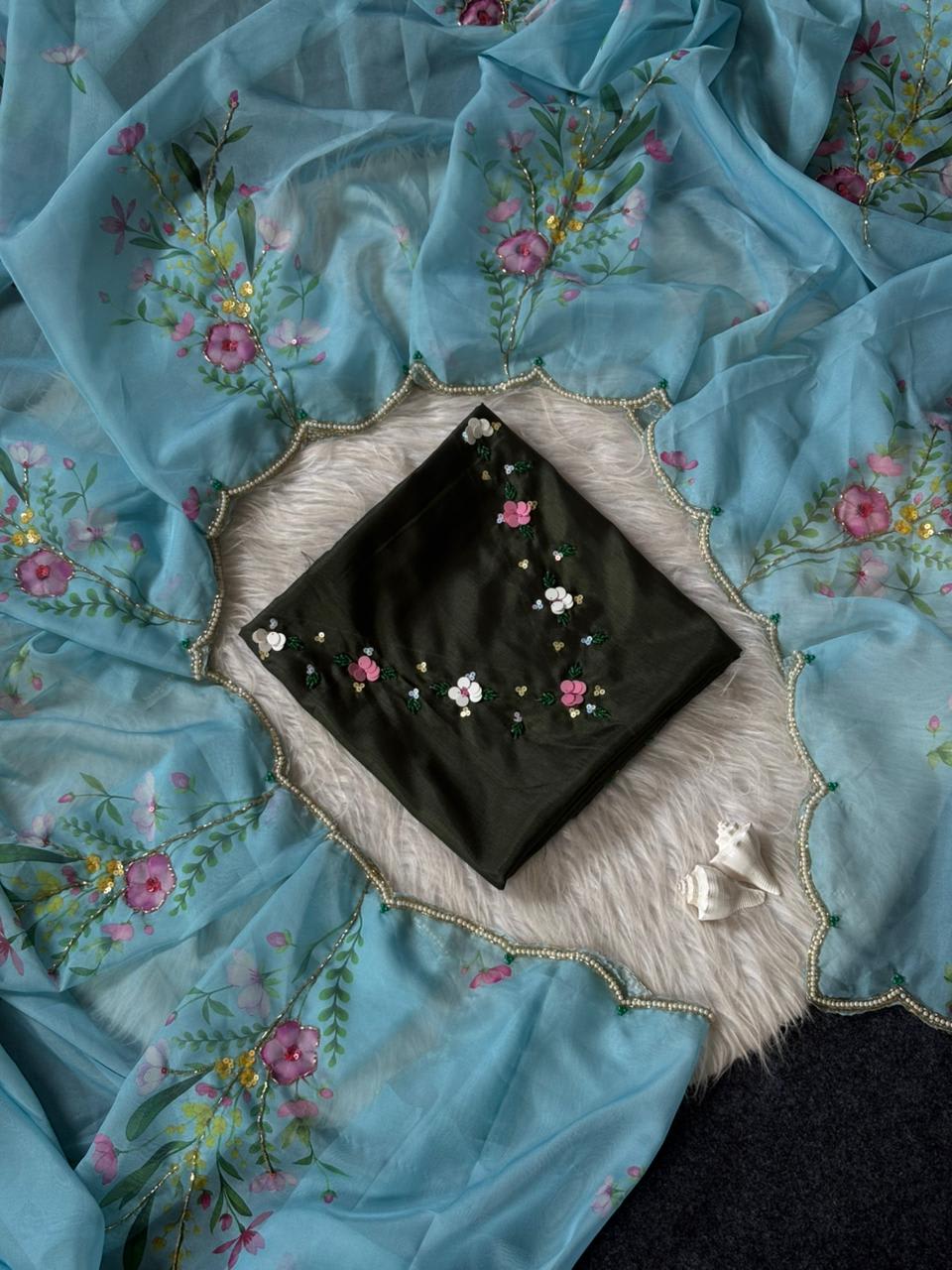 Summer Cool Celebrity Style Organza Saree – Designer Handwork Collection - View 5