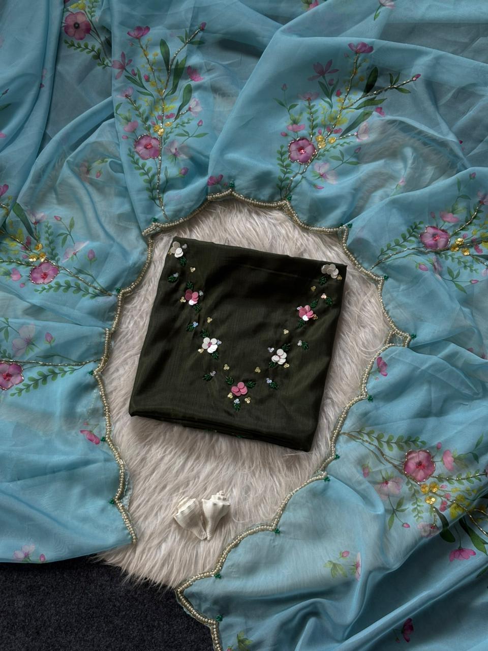 Summer Cool Celebrity Style Organza Saree – Designer Handwork Collection - View 6