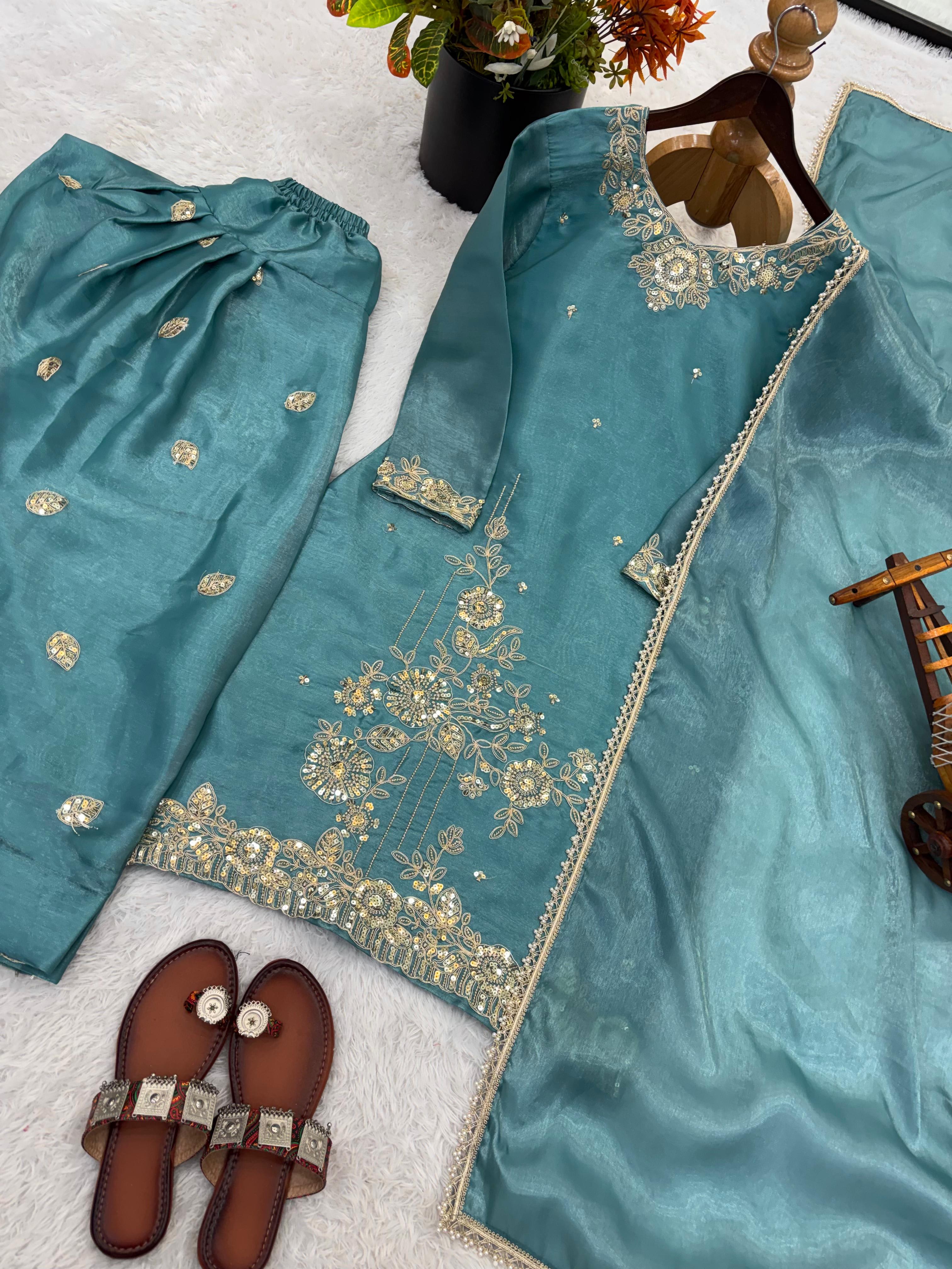 Designer GMY Silk Embroidered Suit Set with Farshi Pant – Premium Collection - View 6