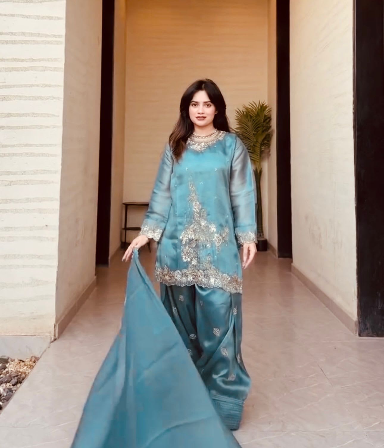 Designer GMY Silk Embroidered Suit Set with Farshi Pant – Premium Collection - View 2