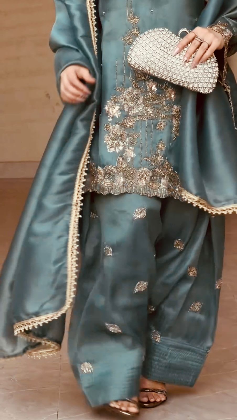 Designer GMY Silk Embroidered Suit Set with Farshi Pant – Premium Collection - View 4