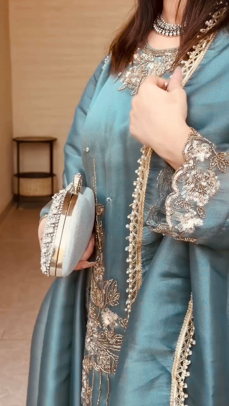 Designer GMY Silk Embroidered Suit Set with Farshi Pant – Premium Collection - View 3