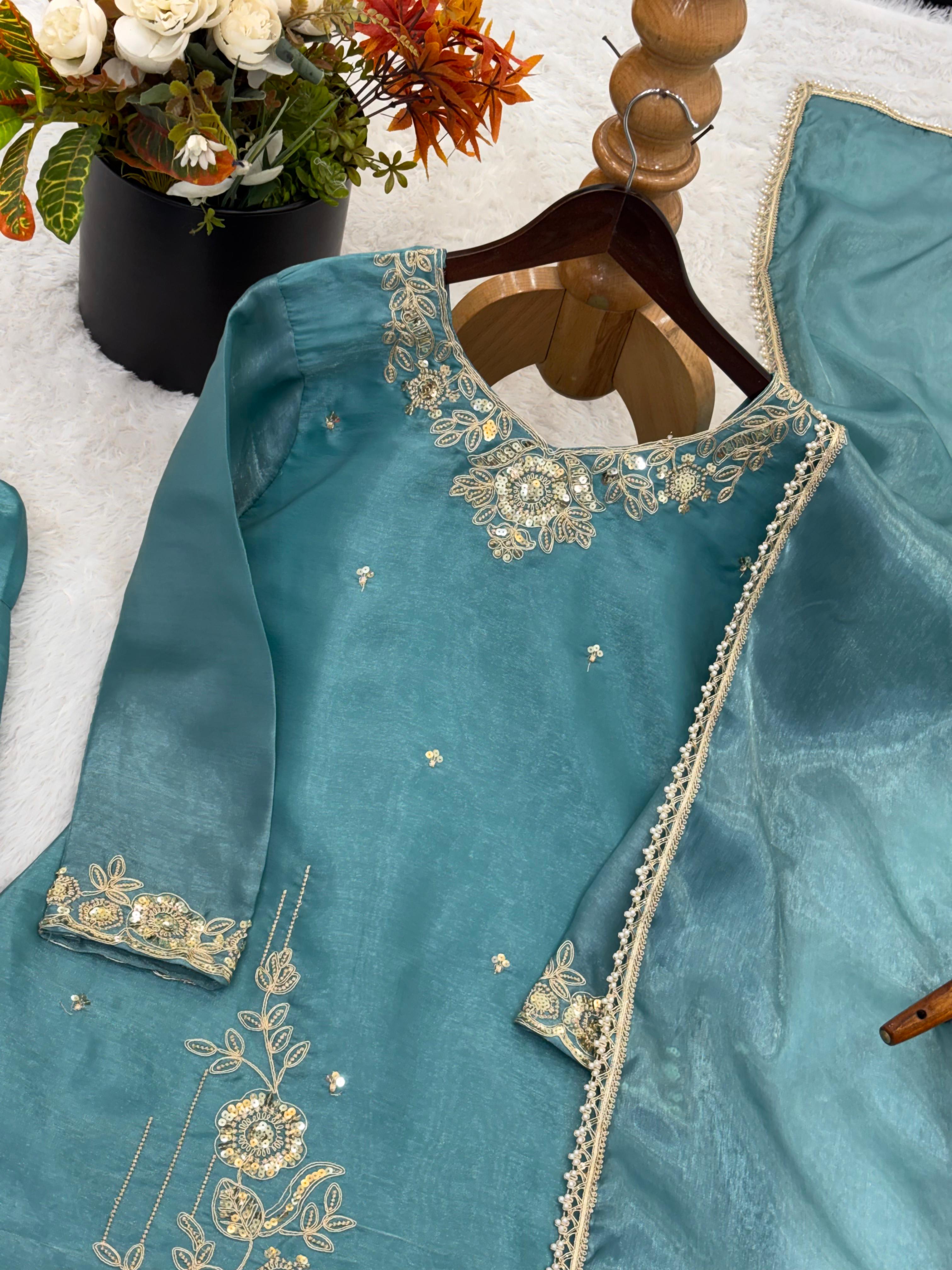 Designer GMY Silk Embroidered Suit Set with Farshi Pant – Premium Collection - View 5