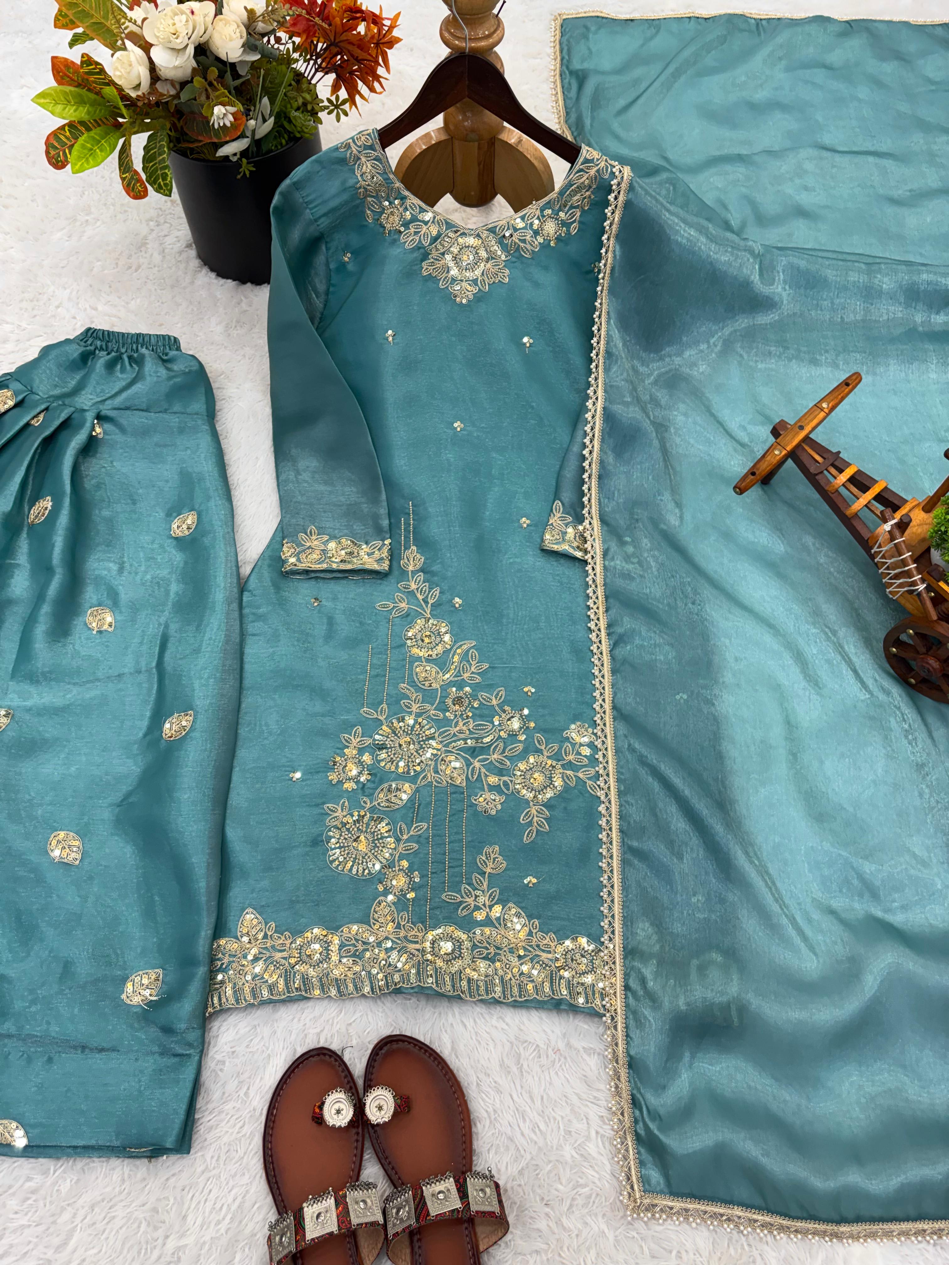 Designer GMY Silk Embroidered Suit Set with Farshi Pant – Premium Collection - View 7