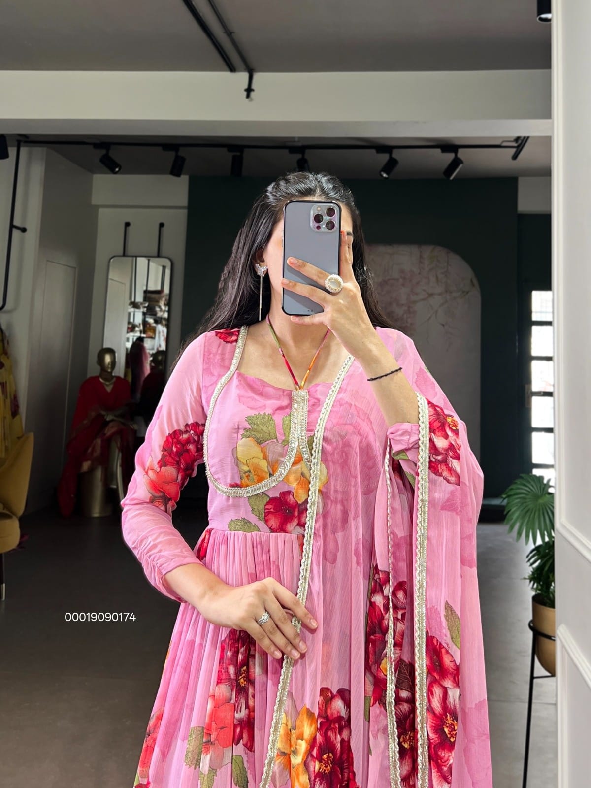 Elegant Chiffon Floral Print Gown with Dupatta – Designer Collection - View 3