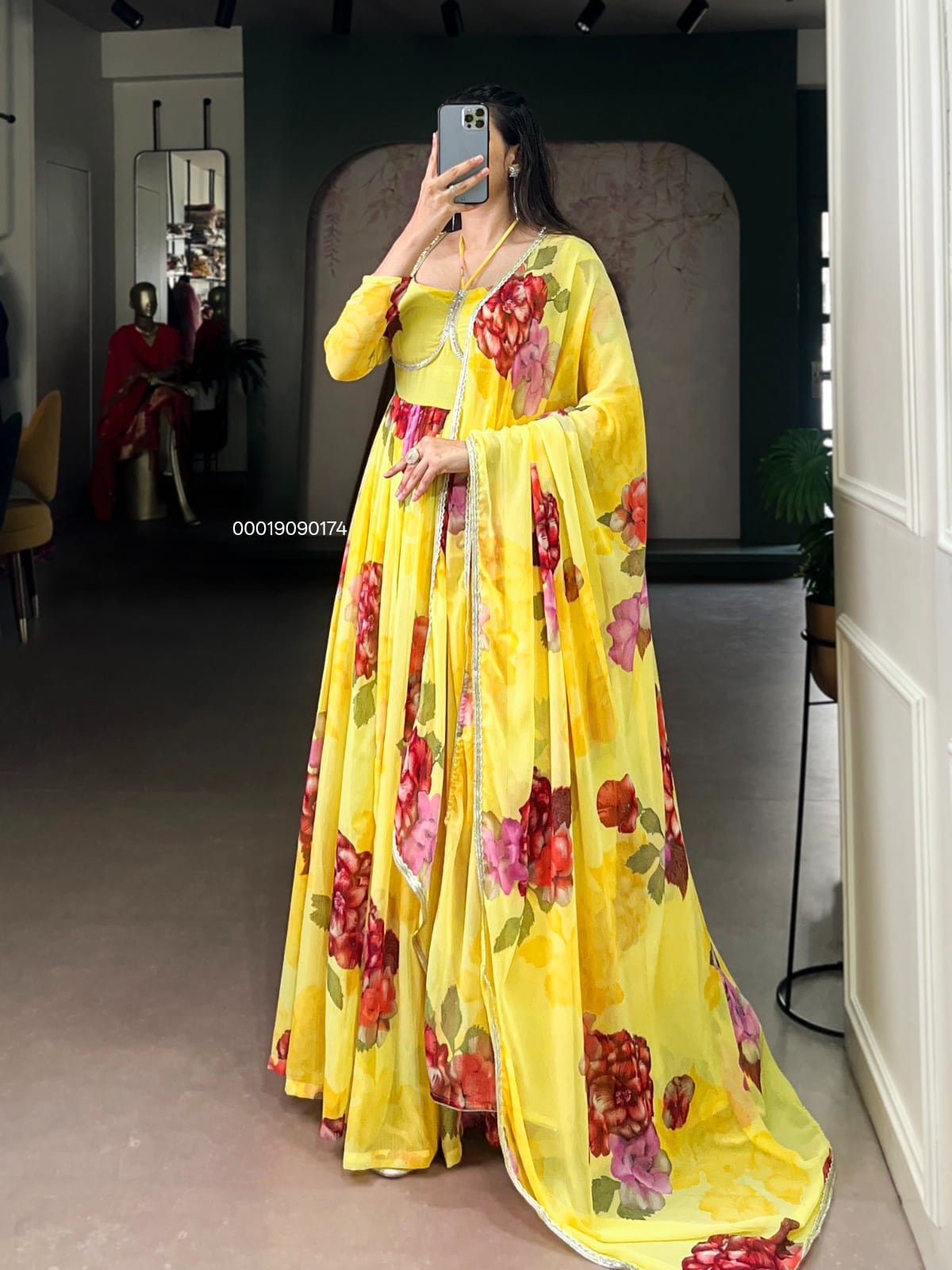 Elegant Chiffon Floral Print Gown with Dupatta – Designer Collection - Chiffon Saree Online India - Buy at ₹1650 - Image 1