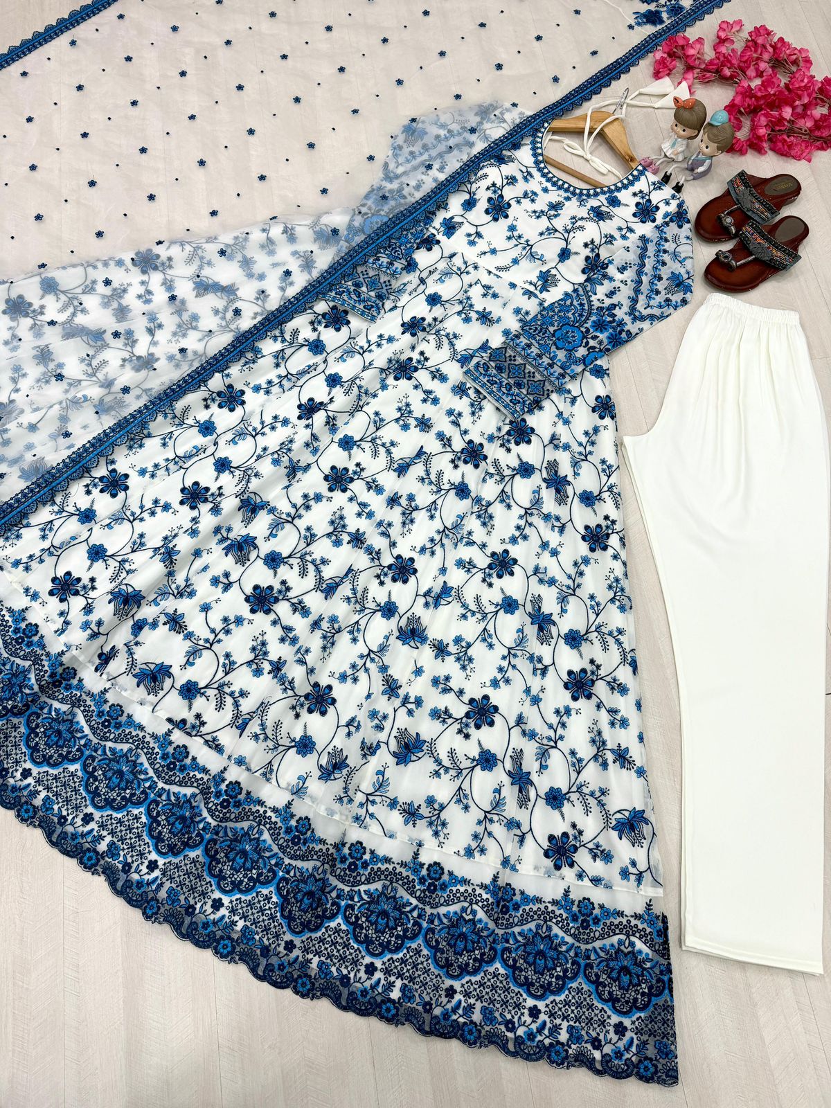 Designer Faux Georgette Embroidered Gown Set with Organza Dupatta – Party Wear Collection - View 4