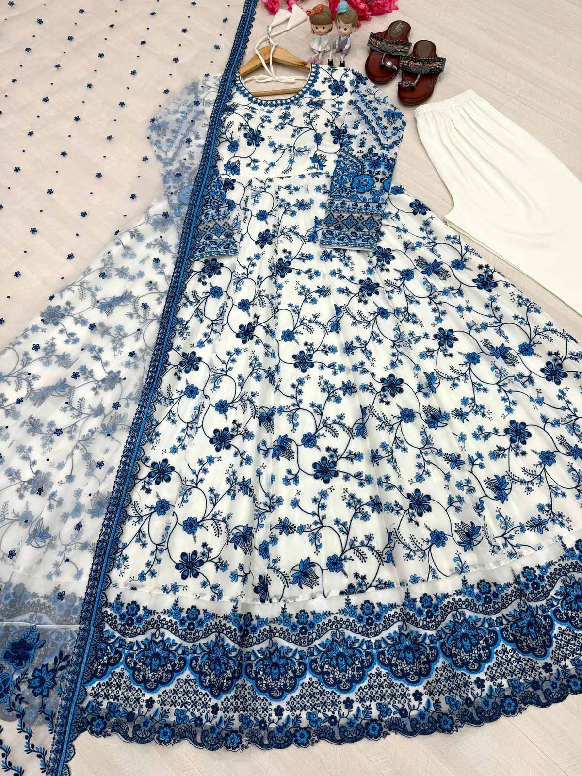 Designer Faux Georgette Embroidered Gown Set with Organza Dupatta – Party Wear Collection - View 2