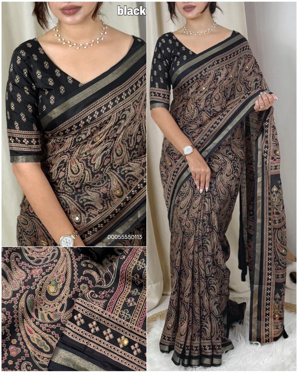 Designer Kalamkari Ajrakh Saree with Mirror Work – Pure Mul Cotton Collection - Mul Cotton Saree Online India - Buy at ₹1199 - Image 1