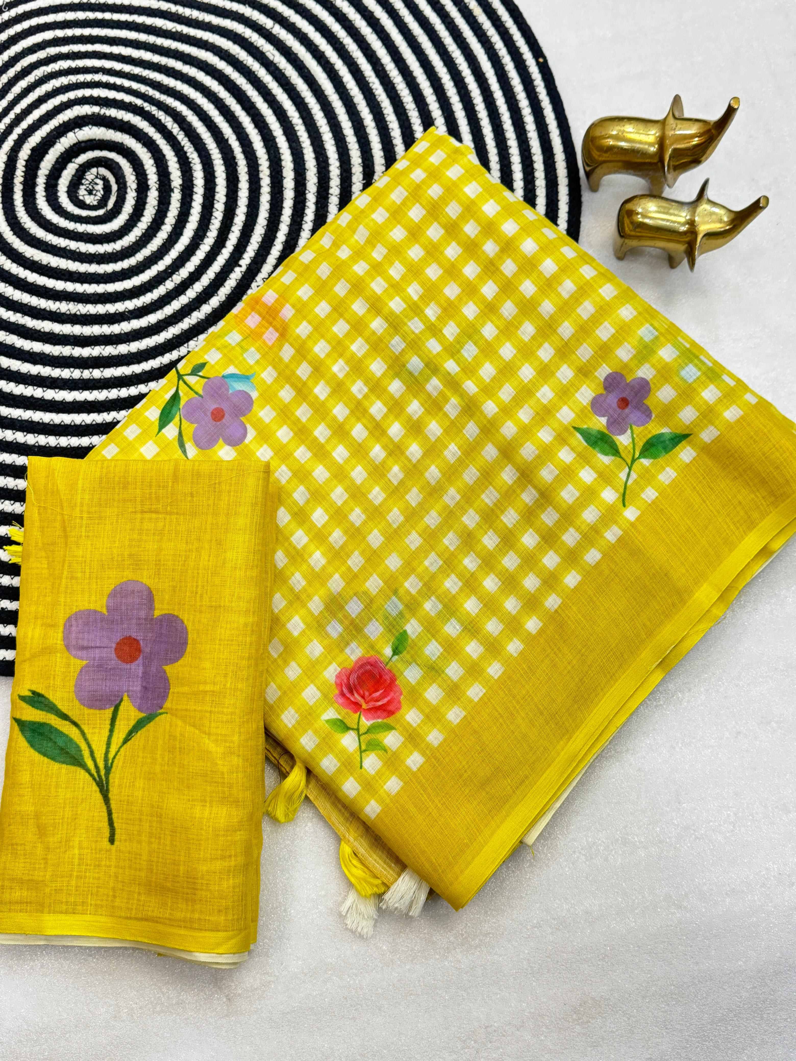 FLOWER – Soft Linen Cotton Saree with Checks & Floral Print - View 2