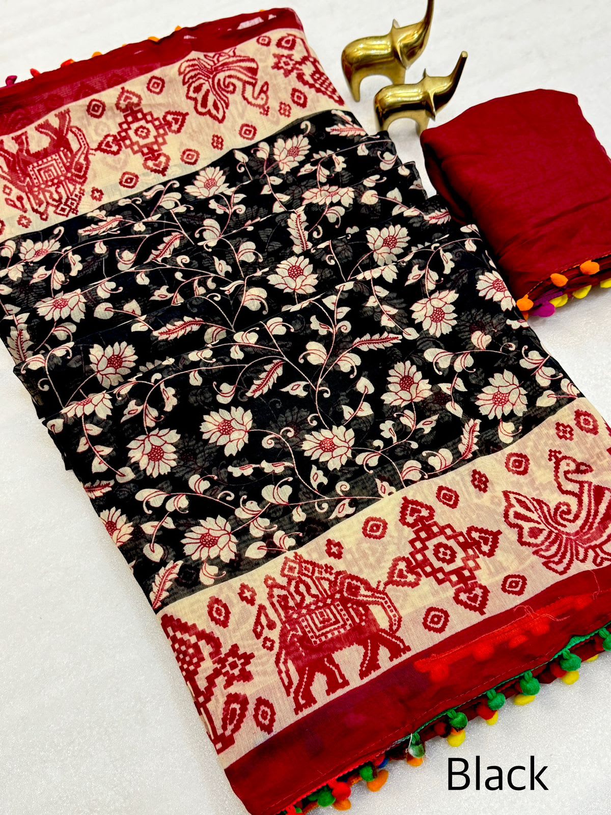 Mulmul Soft Cotton Ikat Saree with Pom Pom Border – Budget Collection - View 2