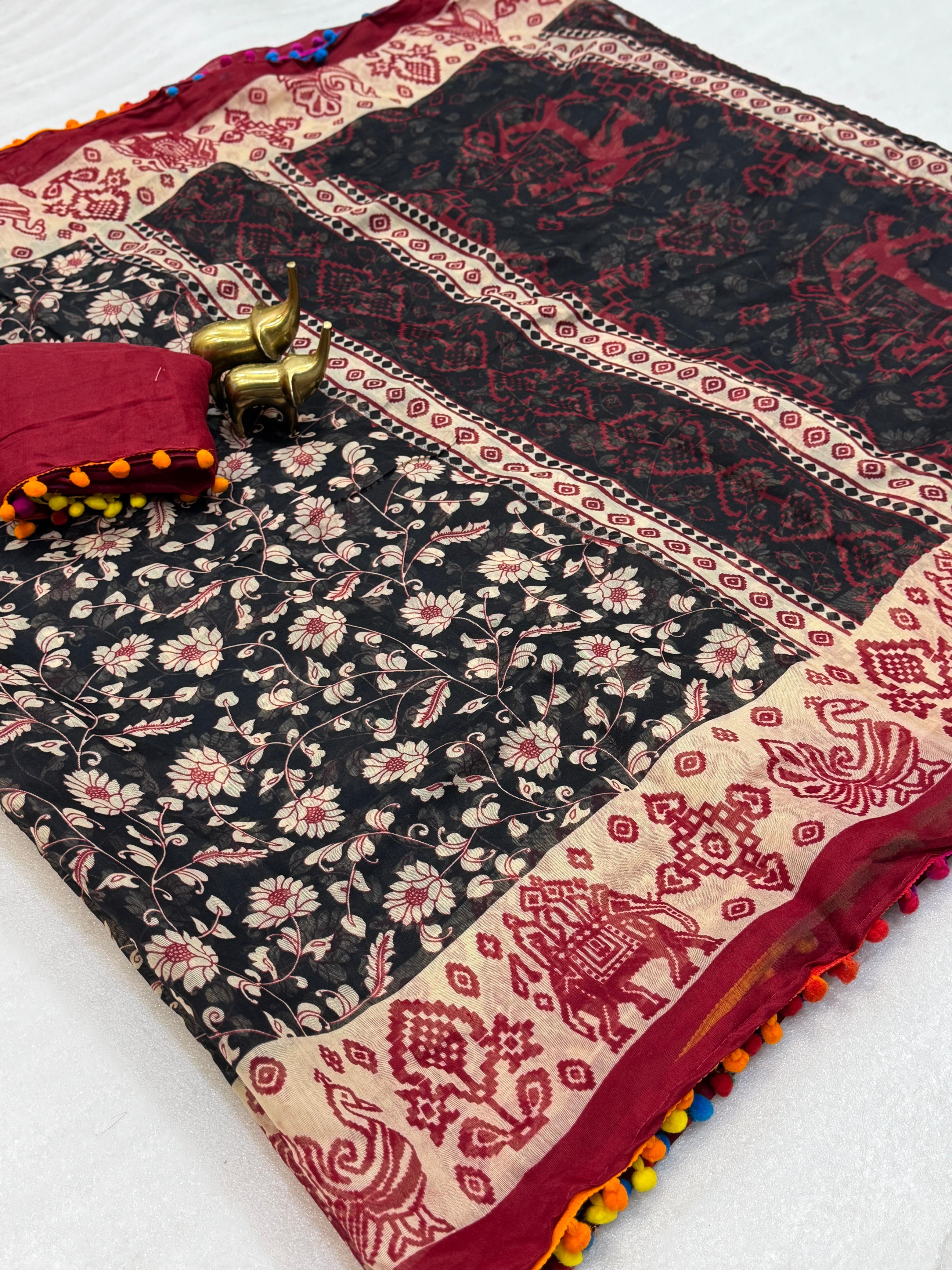 Mulmul Soft Cotton Ikat Saree with Pom Pom Border – Budget Collection - View 3