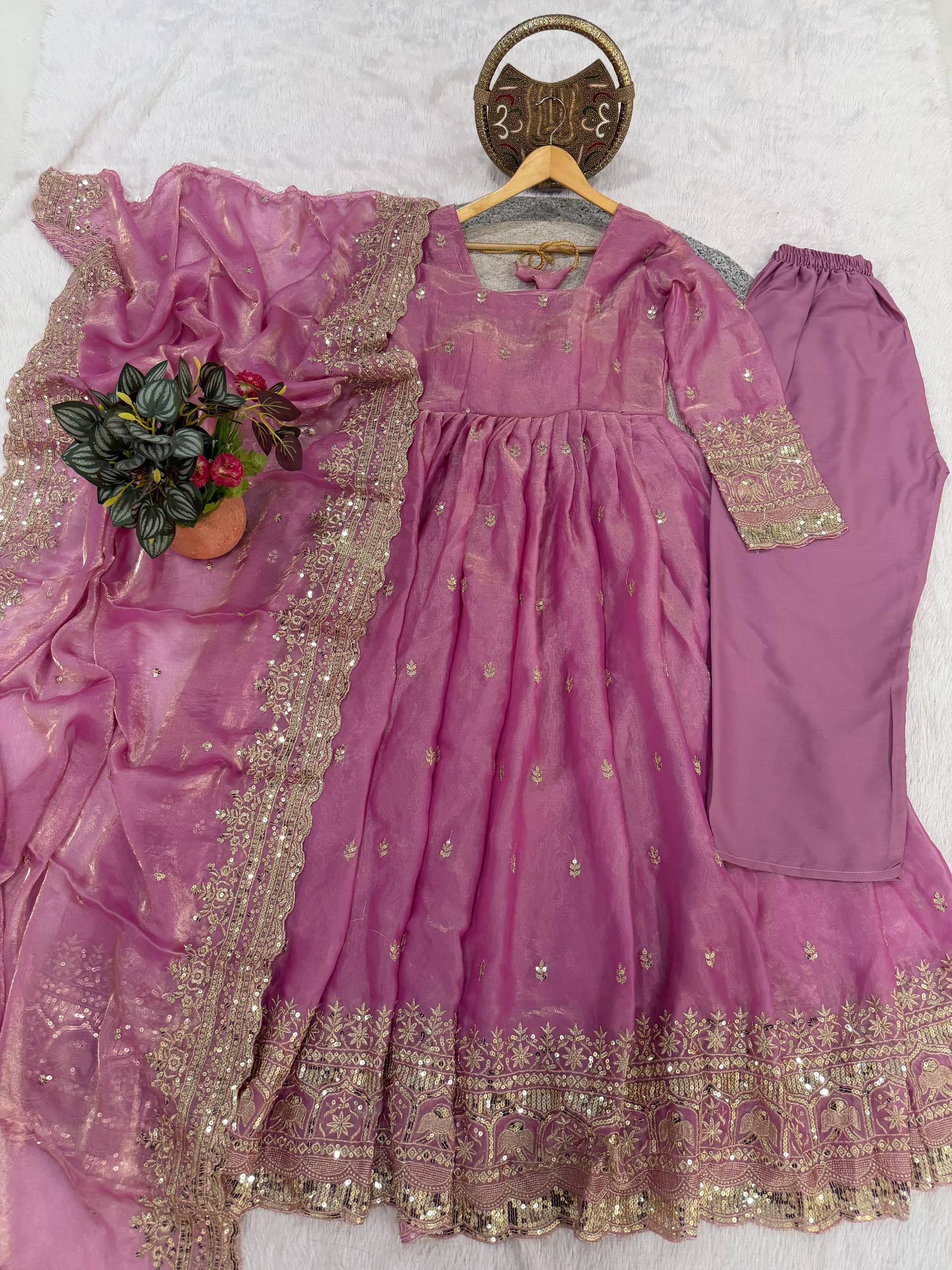 Designer Fendi Satin Gown Set with Sequins Work – 3 Piece Collection - View 4