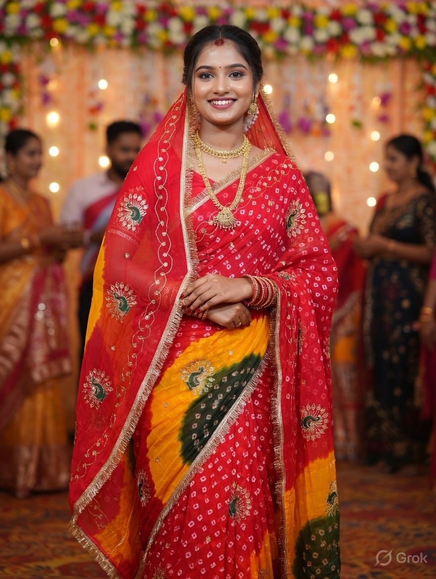 Multi Bandhej Designer Saree with Handwork & Coding Design - Georgette Saree Online India - Buy at ₹1699 - Image 1