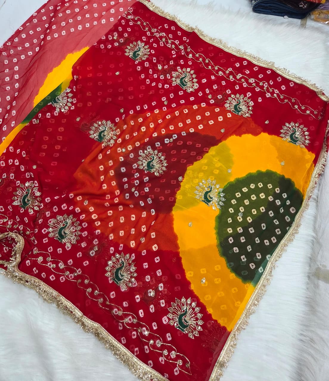 Multi Bandhej Designer Saree with Handwork & Coding Design - View 3