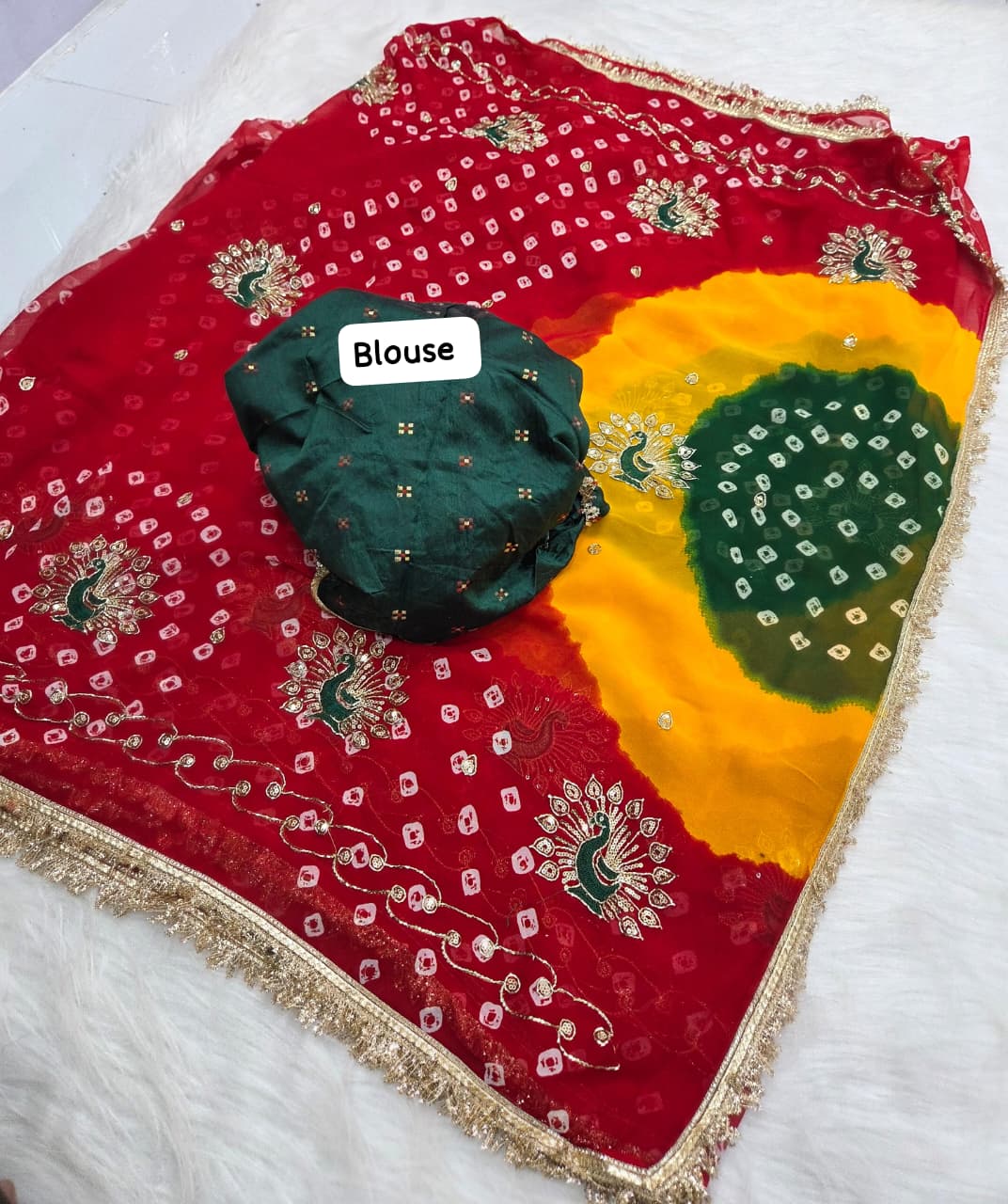 Multi Bandhej Designer Saree with Handwork & Coding Design - View 2