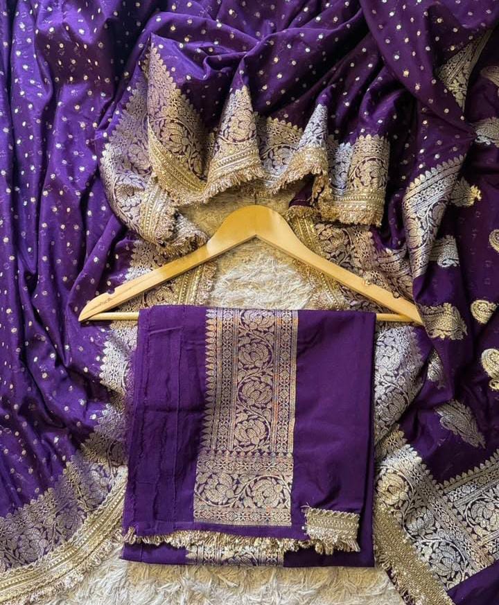 Banarasi Semi Kataan Silk Saree with Buti Weave – Classic Collection - Banarasi Soft Semi Kataan Silk Saree Online India - Buy at ₹2299 - Image 1