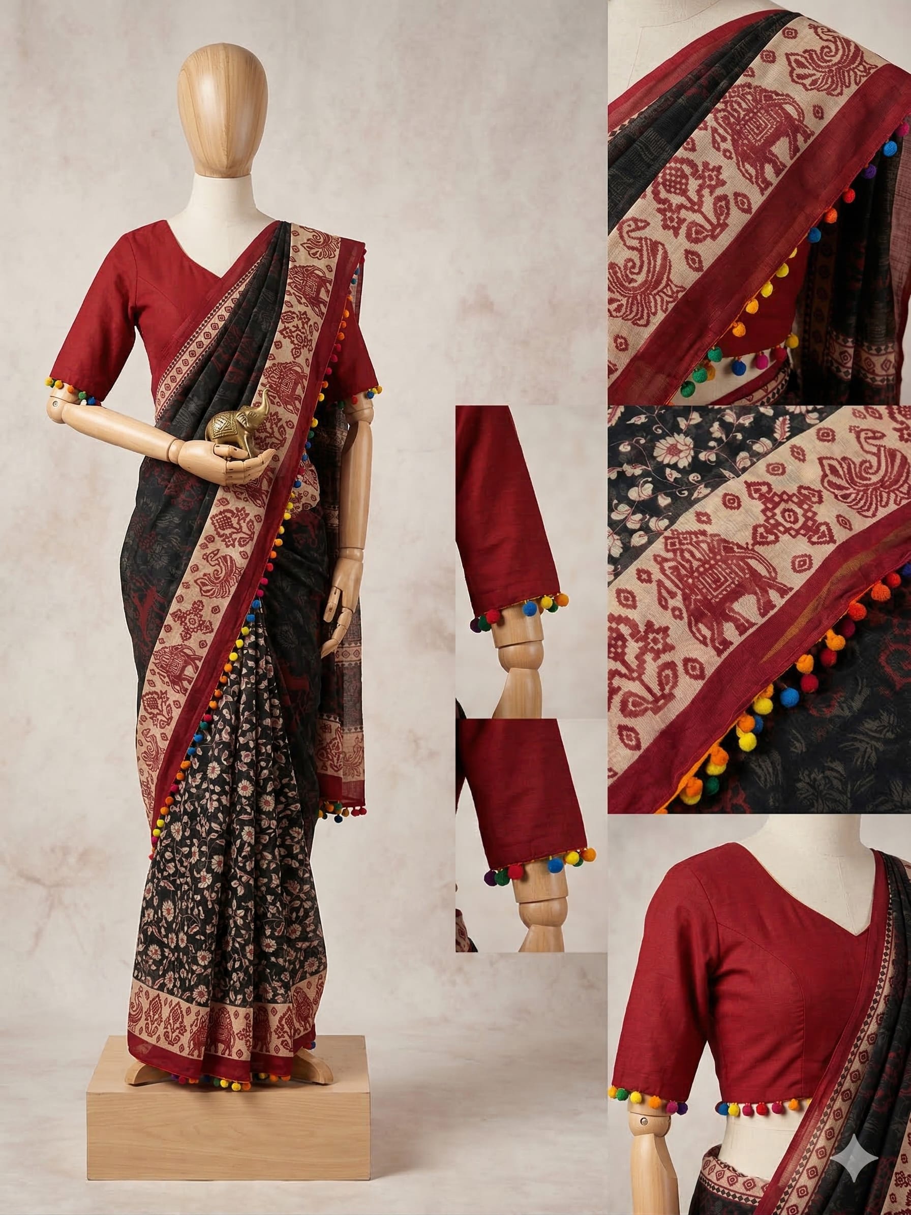 Mulmul Soft Cotton Ikat Saree with Pom Pom Border – Budget Collection - Mul Soft Cotton Saree Online India - Buy at ₹950 - Image 1