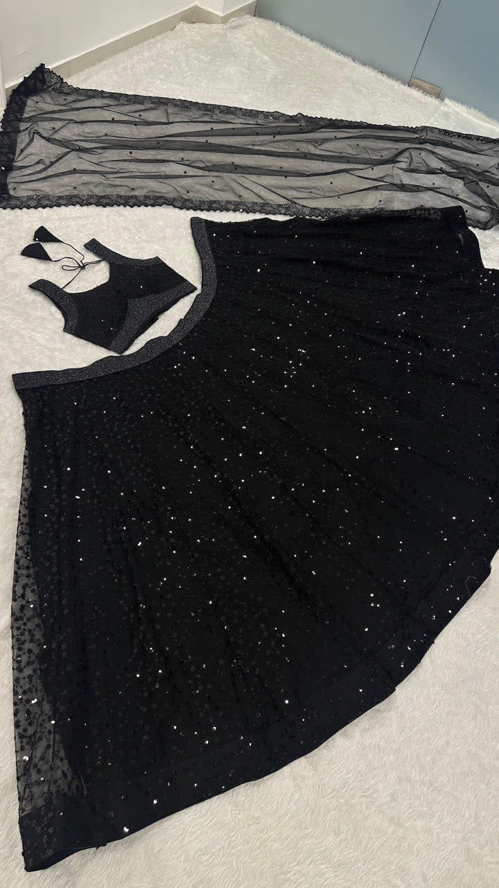 Black Net Lehenga Choli Set with Sequins & Zari Work - View 2