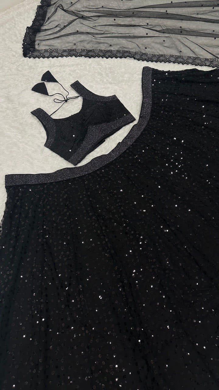 Black Net Lehenga Choli Set with Sequins & Zari Work - View 3