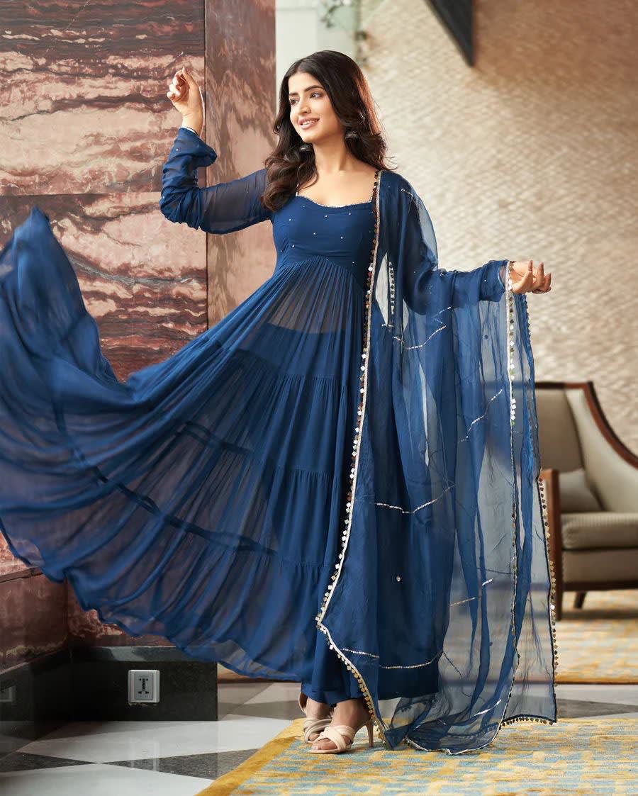 Pure Georgette Anarkali Gown Set with Pant & Dupatta - Georgette Saree Online India - Buy at ₹1850 - Image 1