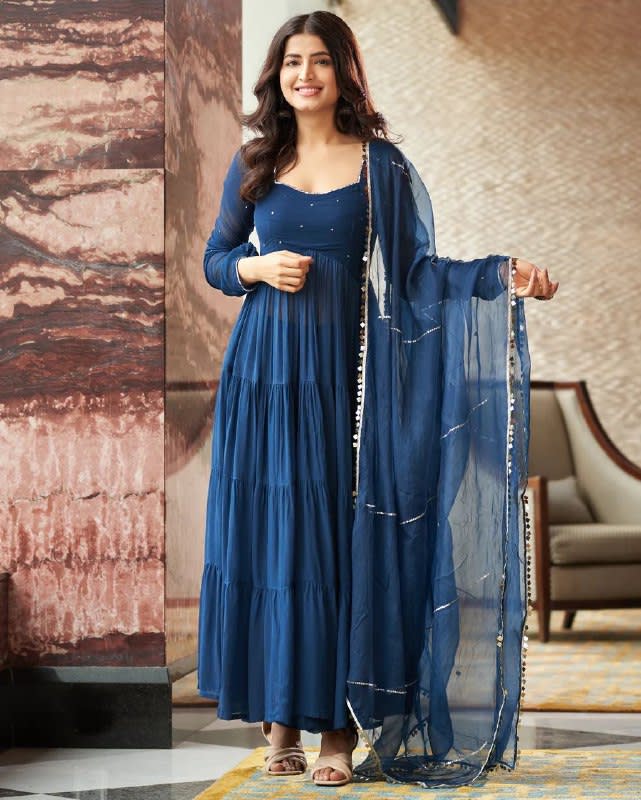 Pure Georgette Anarkali Gown Set with Pant & Dupatta - View 4
