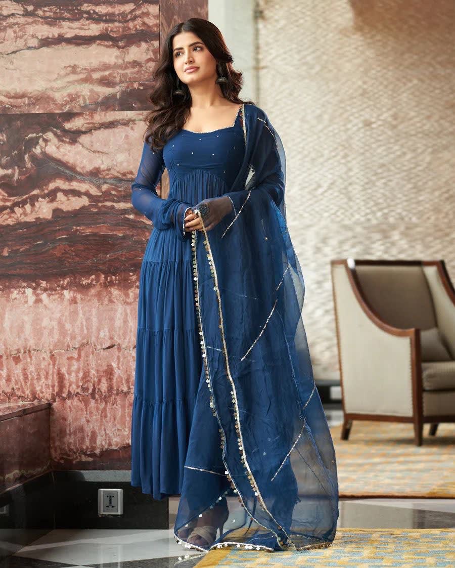 Pure Georgette Anarkali Gown Set with Pant & Dupatta - View 6