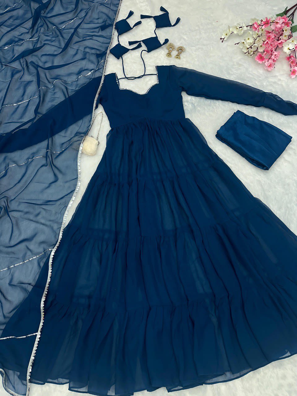 Pure Georgette Anarkali Gown Set with Pant & Dupatta - View 7