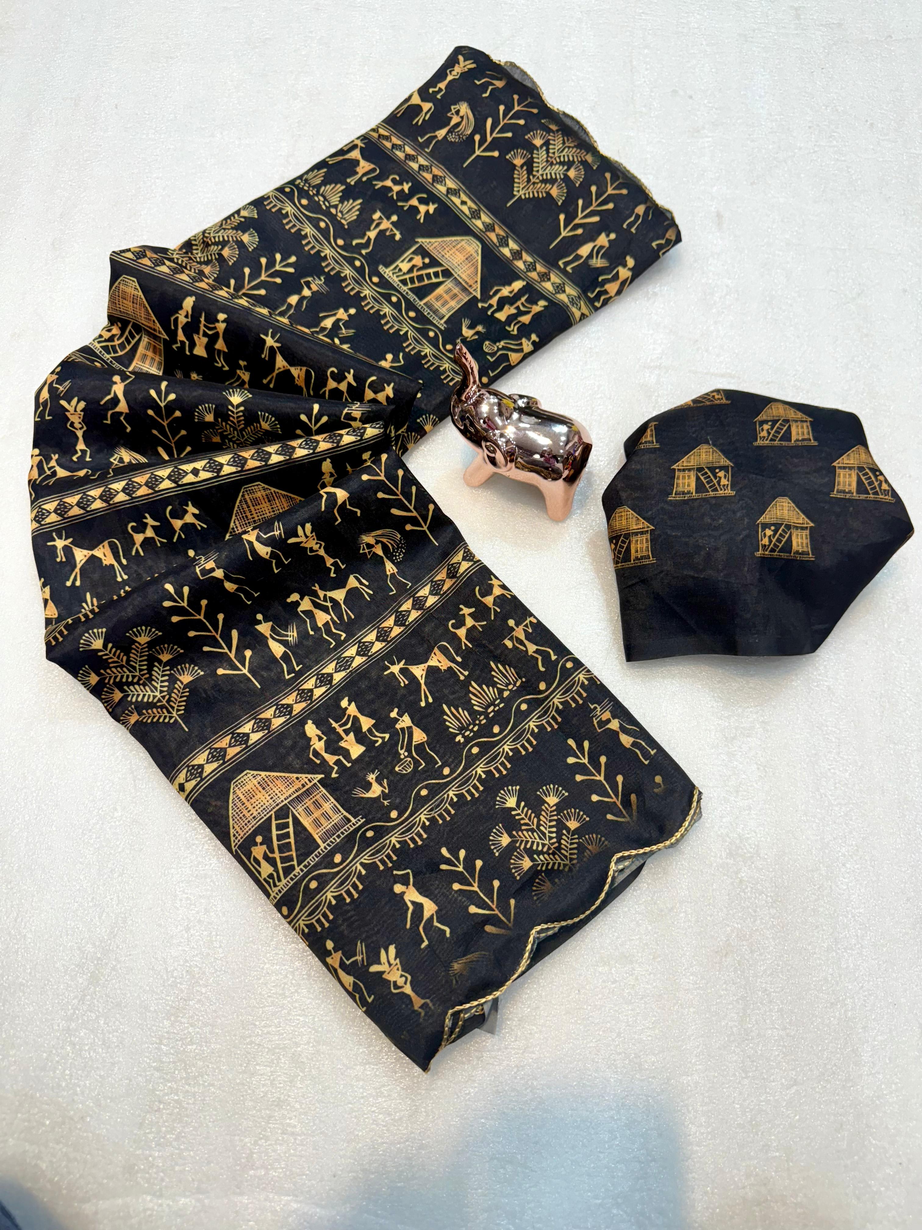 A Dola Silk Digital Warli Printed Cutwork Saree with Ikat Blouse - View 3