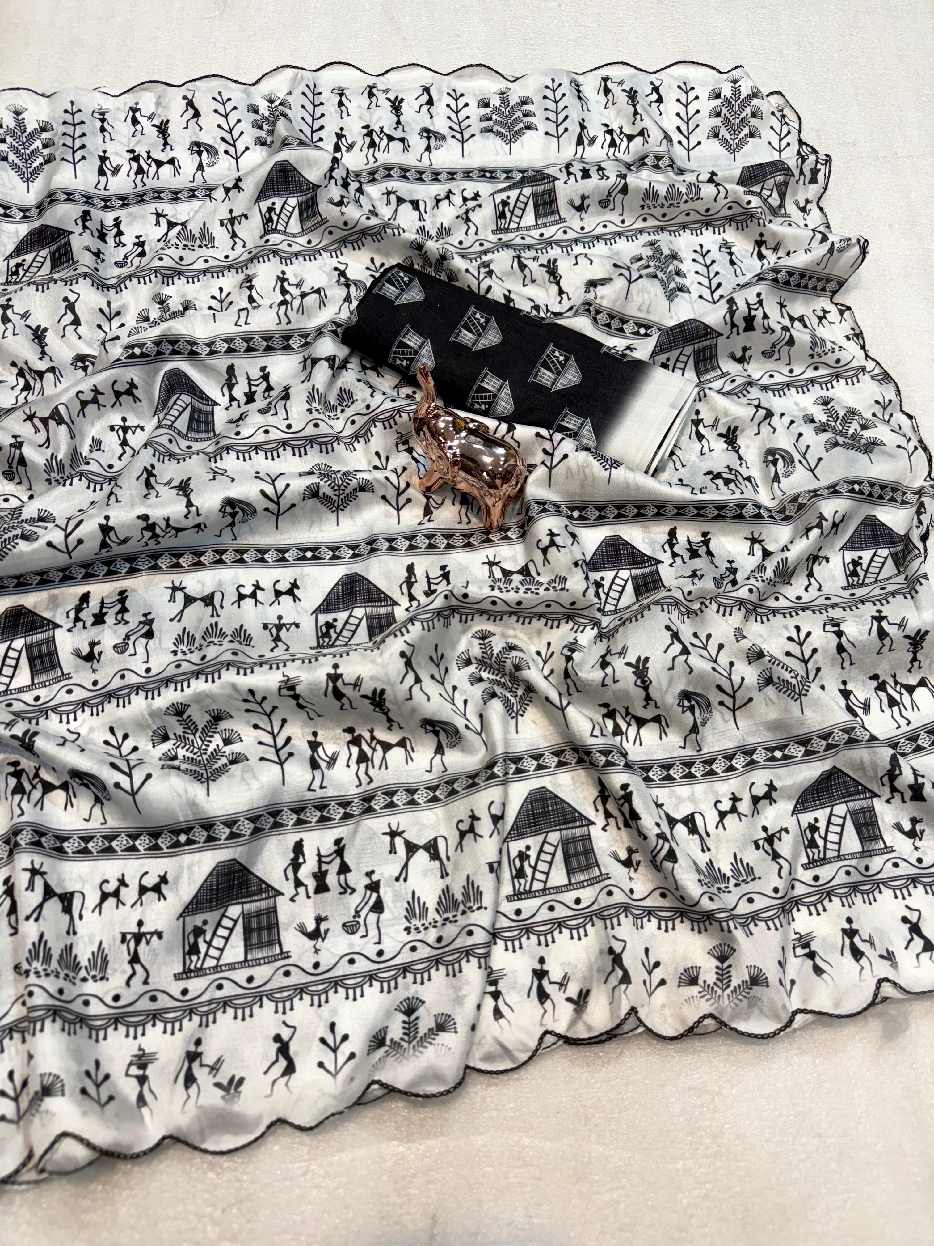 A Dola Silk Digital Warli Printed Cutwork Saree with Ikat Blouse - View 4