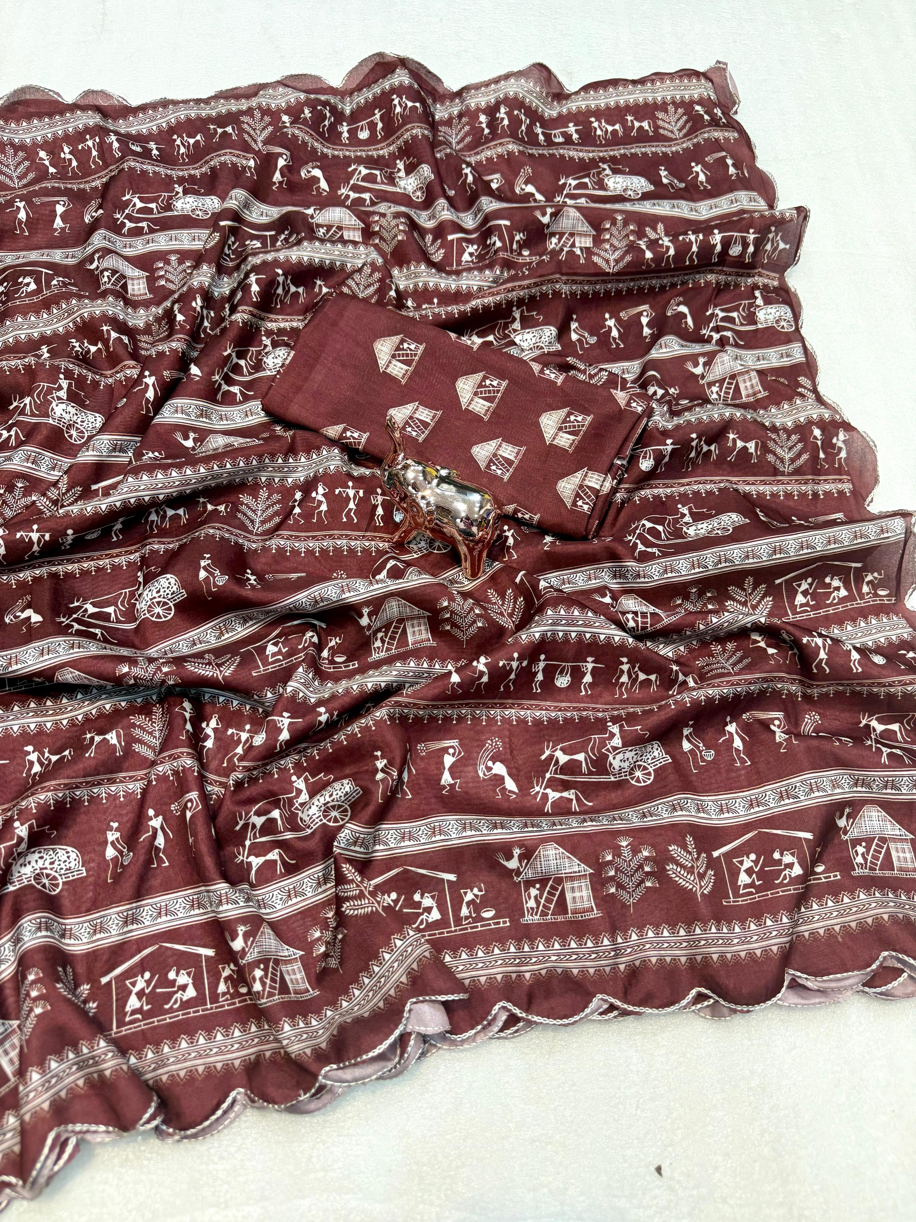 A Dola Silk Digital Warli Printed Cutwork Saree with Ikat Blouse - View 5