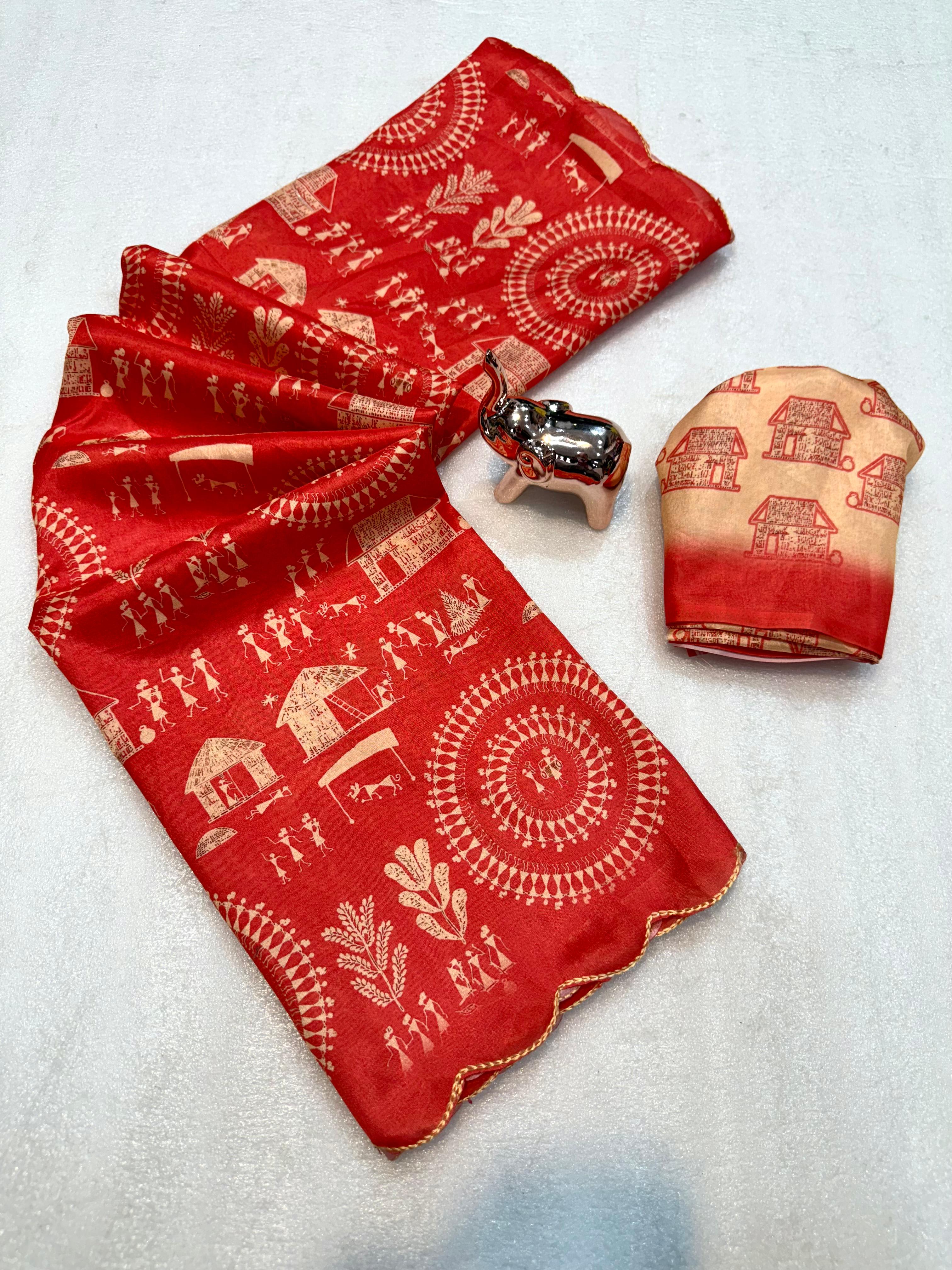 A Dola Silk Digital Warli Printed Cutwork Saree with Ikat Blouse - View 6