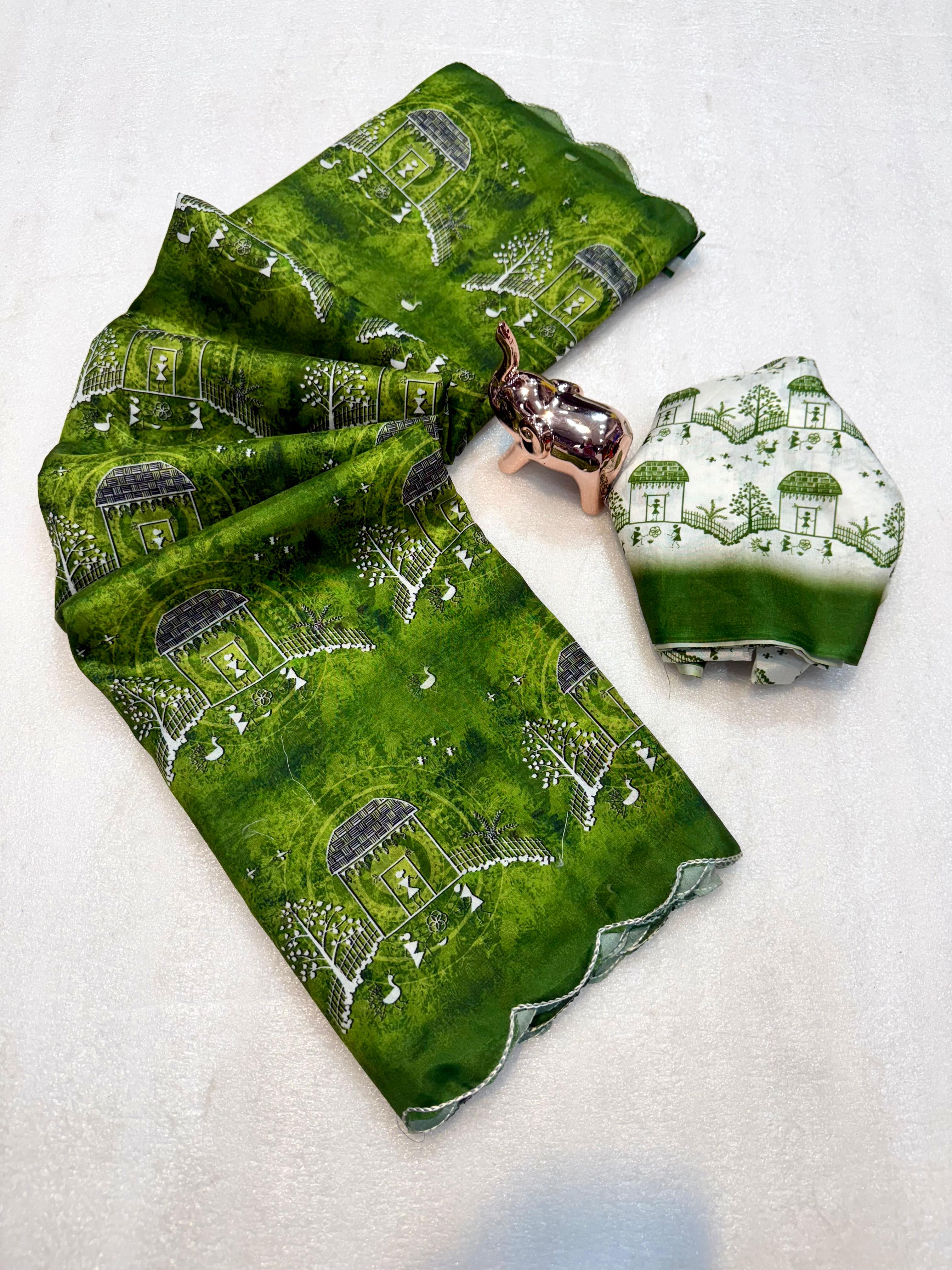 A Dola Silk Digital Warli Printed Cutwork Saree with Ikat Blouse - View 7