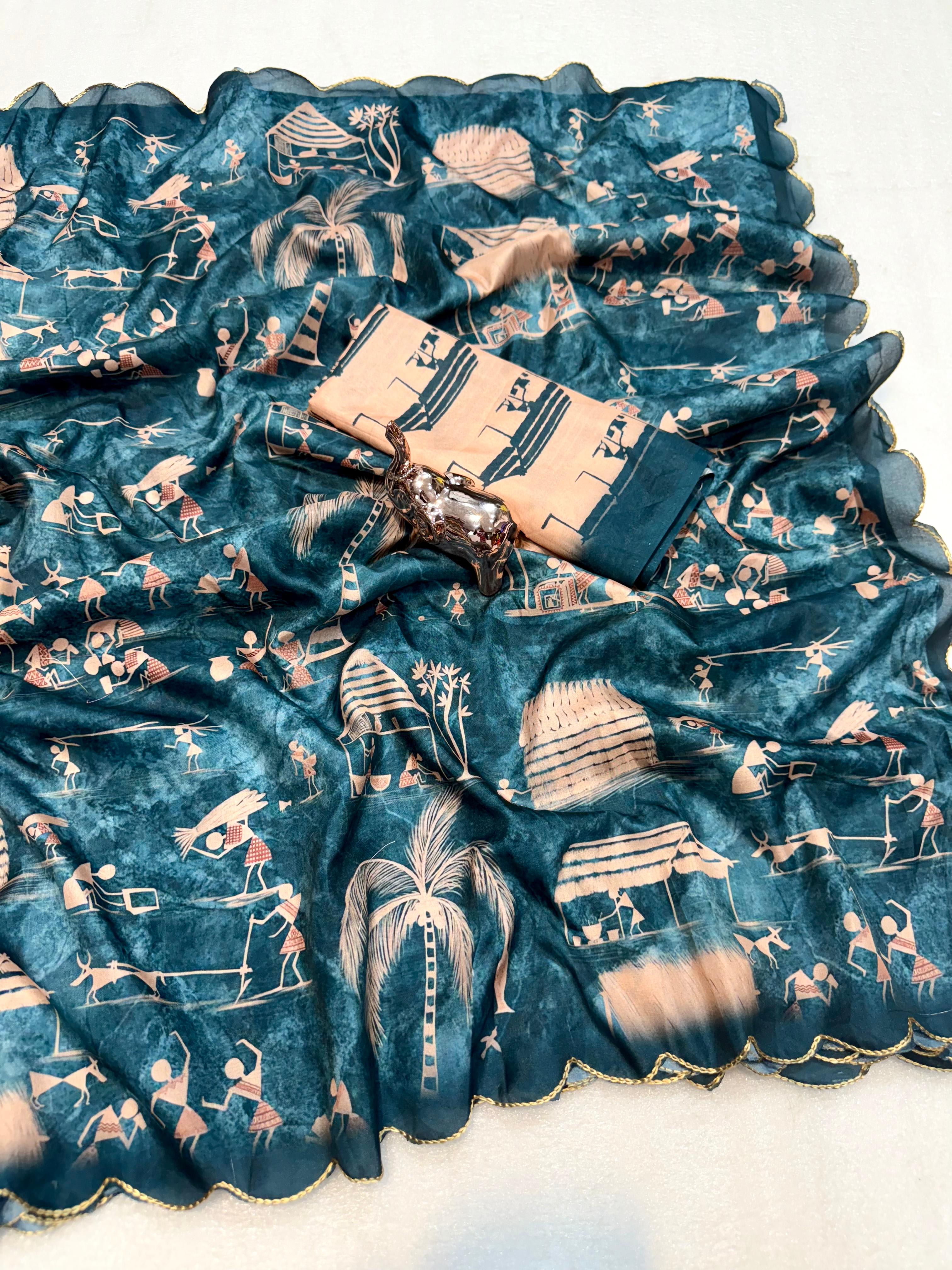 A Dola Silk Digital Warli Printed Cutwork Saree with Ikat Blouse - View 8