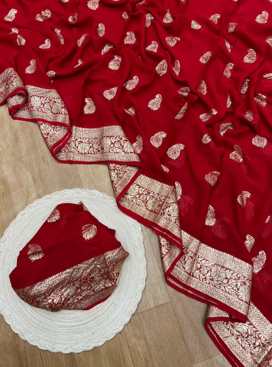 A Pure Viscose Georgette Saree with Fancy Zari & Jacquard Border - Pure Viscose Georgette Saree Online India - Buy at ₹1449 - Image 1