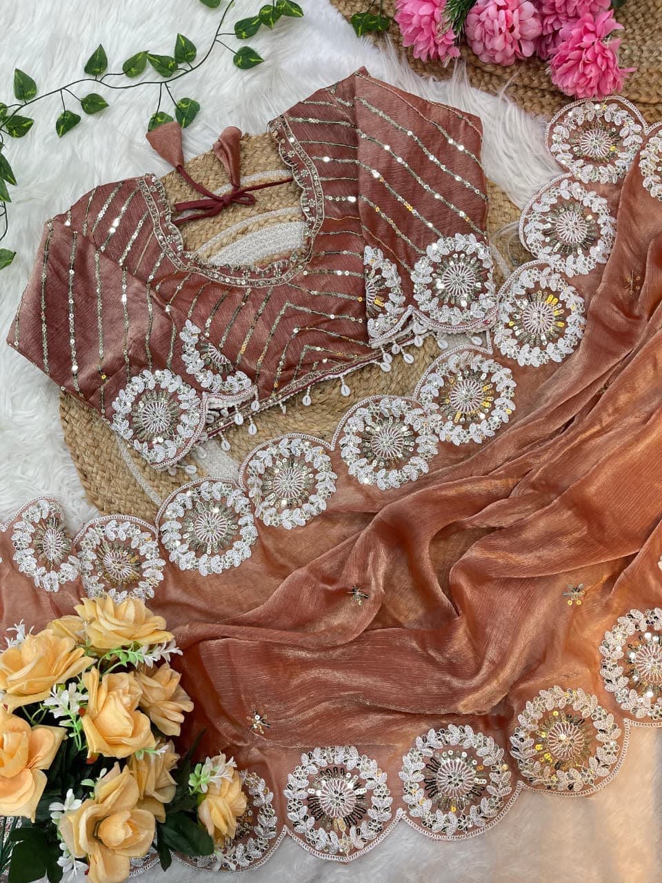 A Pure Soft Fendy Chiffon Two-Tone Saree (With Stitched Blouse) - fendy chiffon Saree Online India - Buy at ₹1950 - Image 1