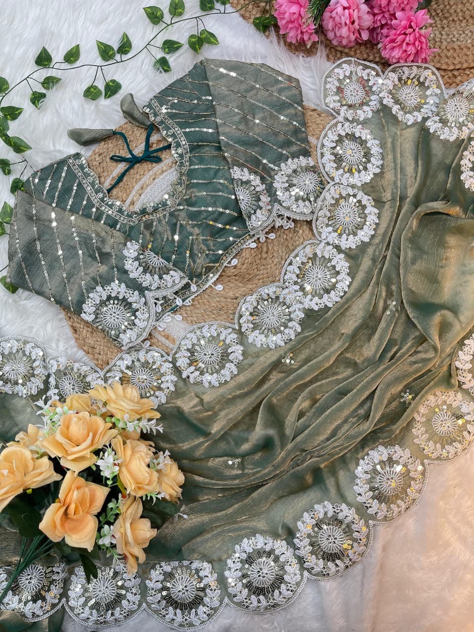 A Pure Soft Fendy Chiffon Two-Tone Saree (With Stitched Blouse) - View 9