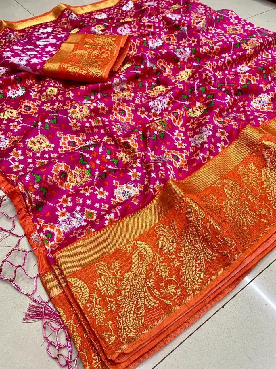 A Kolkata Exclusive - Raw Silk Hand Print Woven Saree - View 3