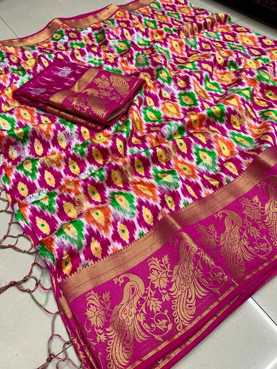 A Kolkata Exclusive - Raw Silk Hand Print Woven Saree - View 5