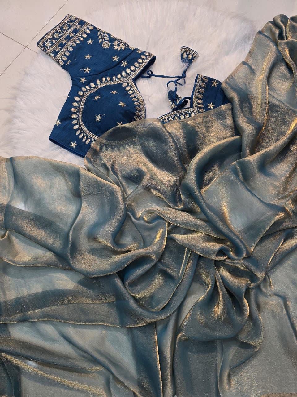 A Beautiful Space Silk Saree with Full Sequins Embroidery & Stitched Blouse - View 5