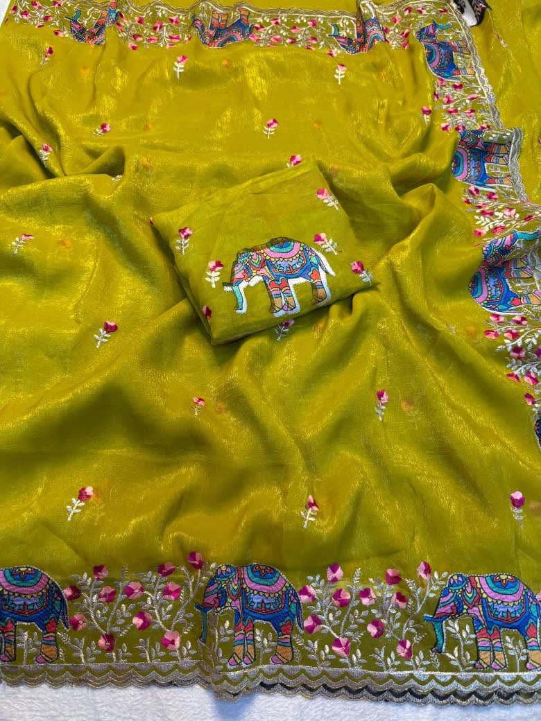 A Pure Soft Crunchy Saree with Full Elephant Embroidery Work - Premium Saree Online India - Buy at ₹1750 - Image 1