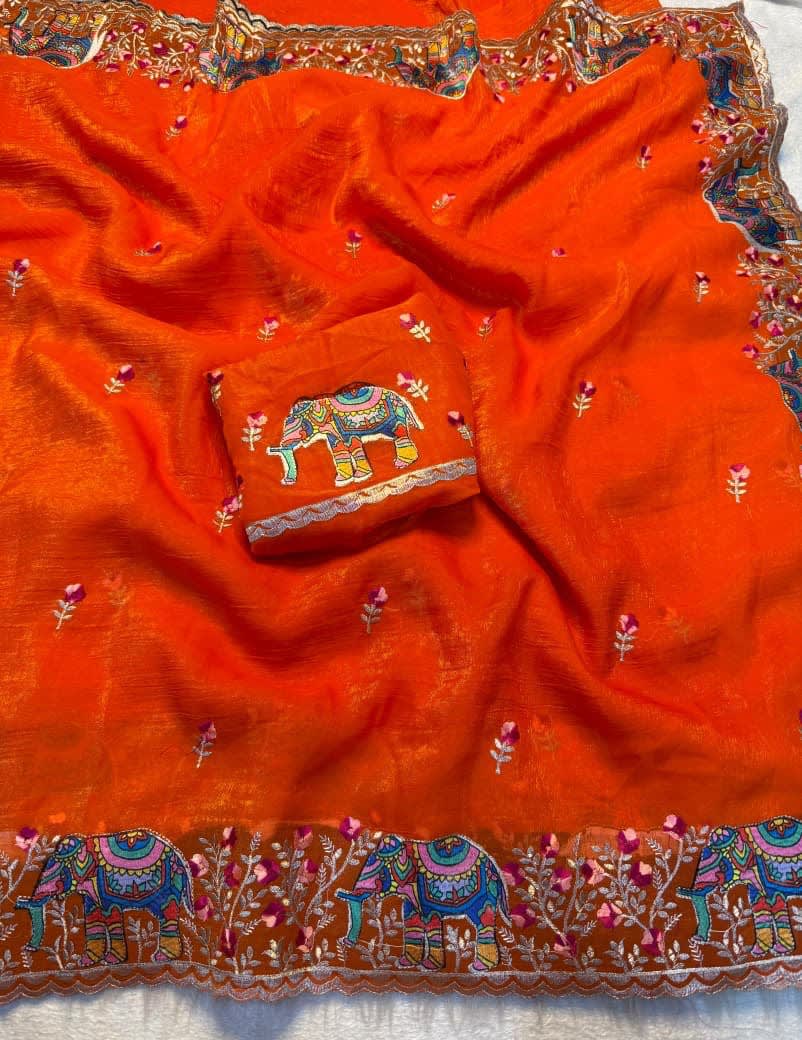 A Pure Soft Crunchy Saree with Full Elephant Embroidery Work - View 2